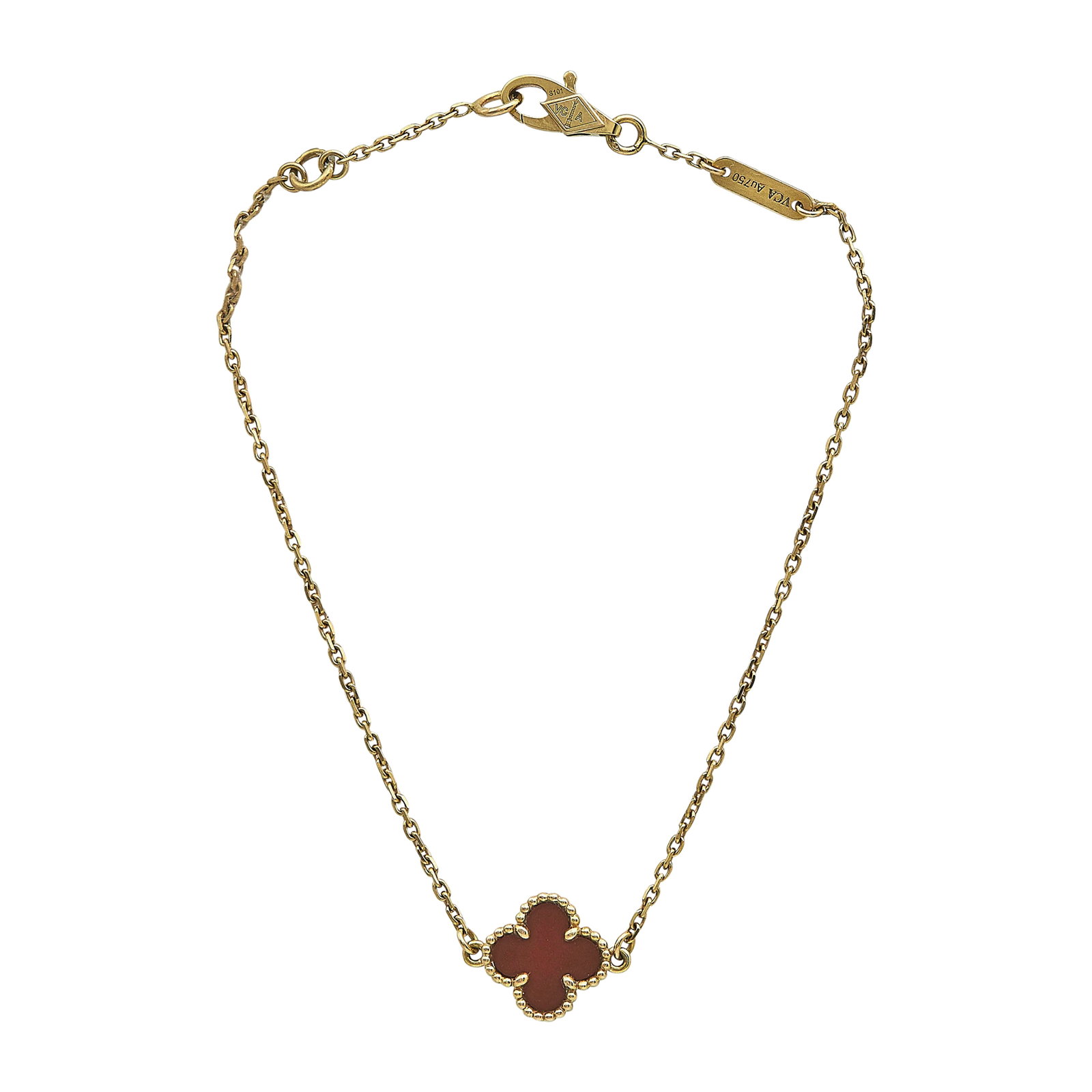 VCA Alhambra (Sweet) 18K Yellow Gold and Carnelian Bracelet: BRAND: VCA; COLLECTION: Alhambra (Sweet); METAL: 18K Yellow Gold; GEMSTONES: Carnelian; STAMPED: VCA, serial number, Au750, French marks; CONDITION: Pre-owned, Very Good; ITEM WEIGHT (GRAMS): 1.8 g; M