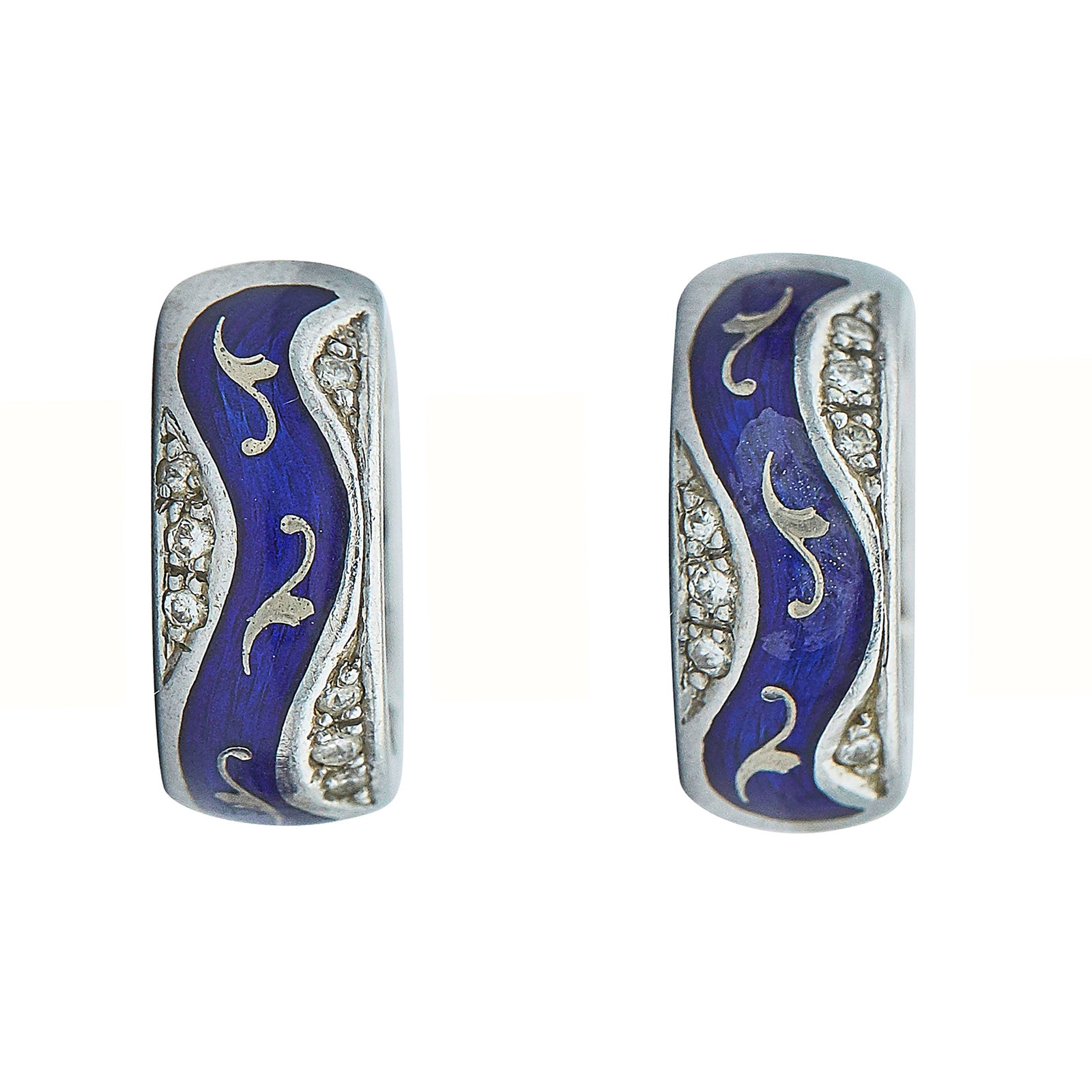 Fabergé by Victor Mayer 18K White Gold, Blue Enamel, and Diamond Huggie Earrings: APPROXIMATE TOTAL DIAMOND WEIGHT: 0.16 ctw; STAMPED: ® Fabergé, 18Kt, 31/300; CONDITION: Pre-owned, Fair; ITEM WEIGHT (GRAMS): 12.1 g; MEASUREMENTS: Earrings 5/8 inch in diameter x 1/4 inch wide; AD