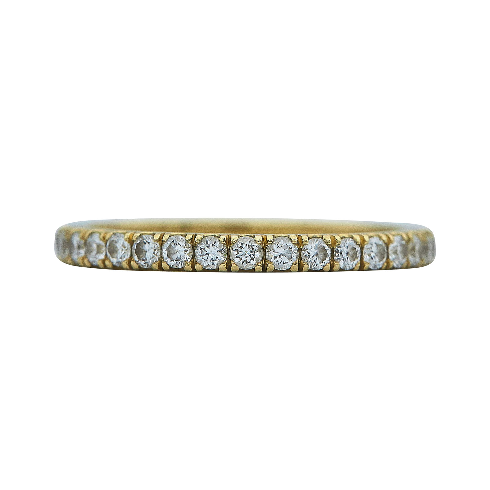 18K Yellow Gold and Diamond Eternity Band: METAL: 18K Yellow Gold; APPROXIMATE TOTAL DIAMOND WEIGHT: 0.34 ctw; STAMPED: 18K; CONDITION: Pre-owned, Good; ITEM WEIGHT (GRAMS): 1.77 g; MEASUREMENTS: Ring size 5 3/4; ADDITIONAL COMMENTS: With pers