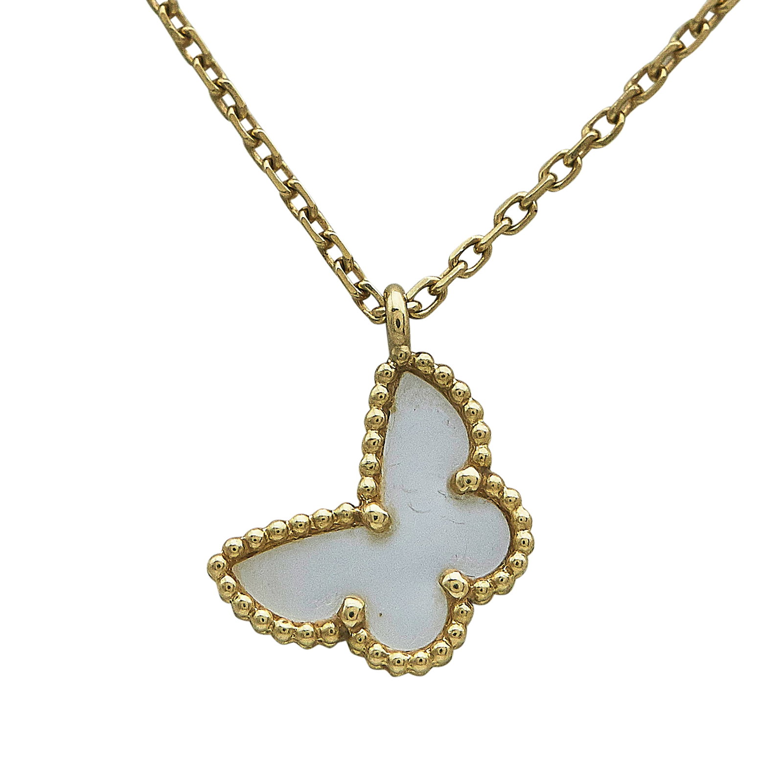 Van Cleef & Arpels Sweet Butterflies 18K Yellow Gold and Mother-or-Pearl Necklace: BRAND: VCA; COLLECTION: Sweet Butterfly; METAL: 18K Yellow Gold; GEMSTONES: MOP; STAMPED: VCA, serial number, Au750, French marks; CONDITION: Pre-owned, Very Good; ITEM WEIGHT (GRAMS): 2.84 g; MEASURE