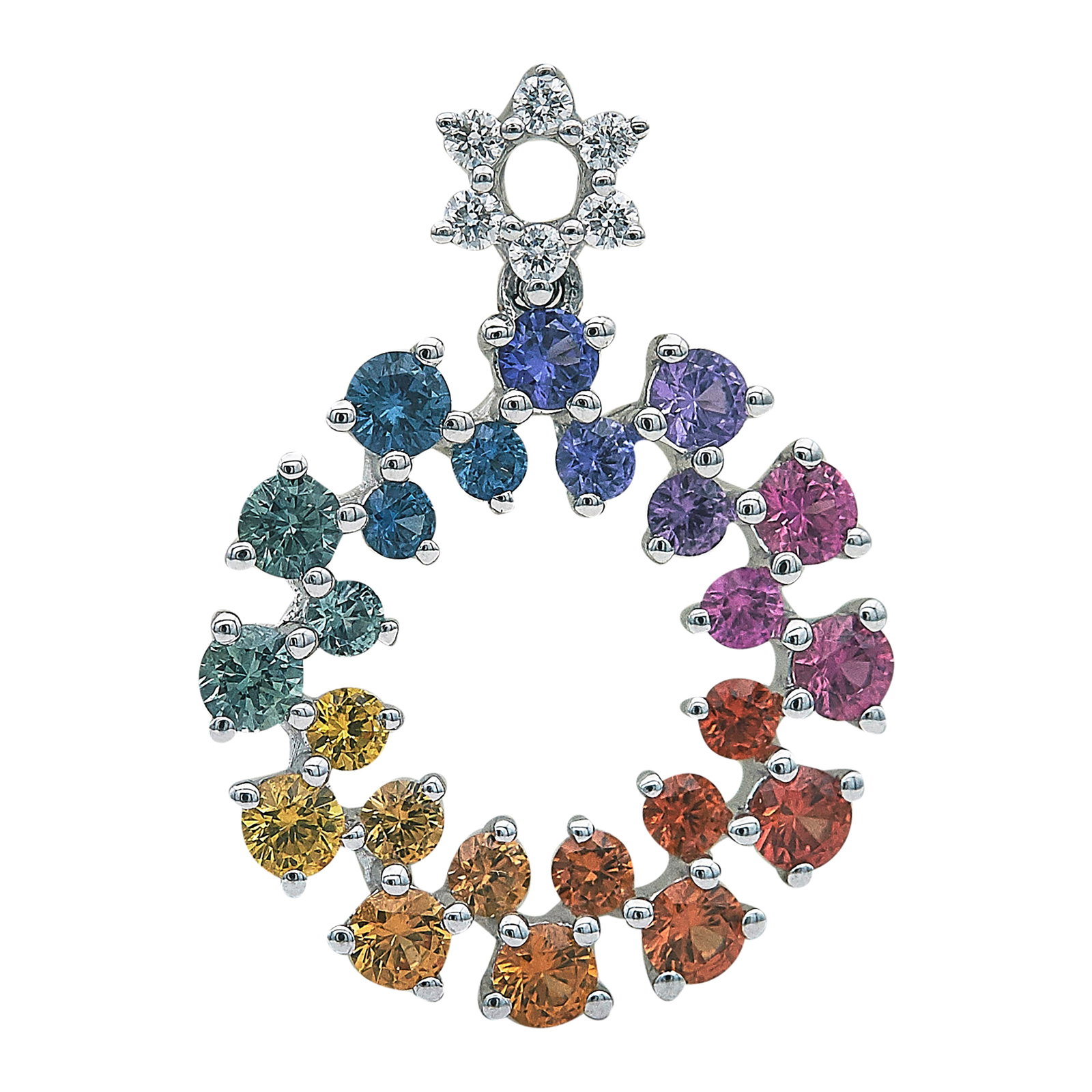 18K White Gold Multi-Colored Sapphire and Diamond Circle Pendant: METAL: 18K White Gold; APPROXIMATE TOTAL DIAMOND WEIGHT: 0.05 ctw; STAMPED: 18K, 750, 1.08, D0.05; CONDITION: Pre-owned, Very Good; ITEM WEIGHT (GRAMS): 1.7 g; MEASUREMENTS: Pendant 3/4 inch long incl