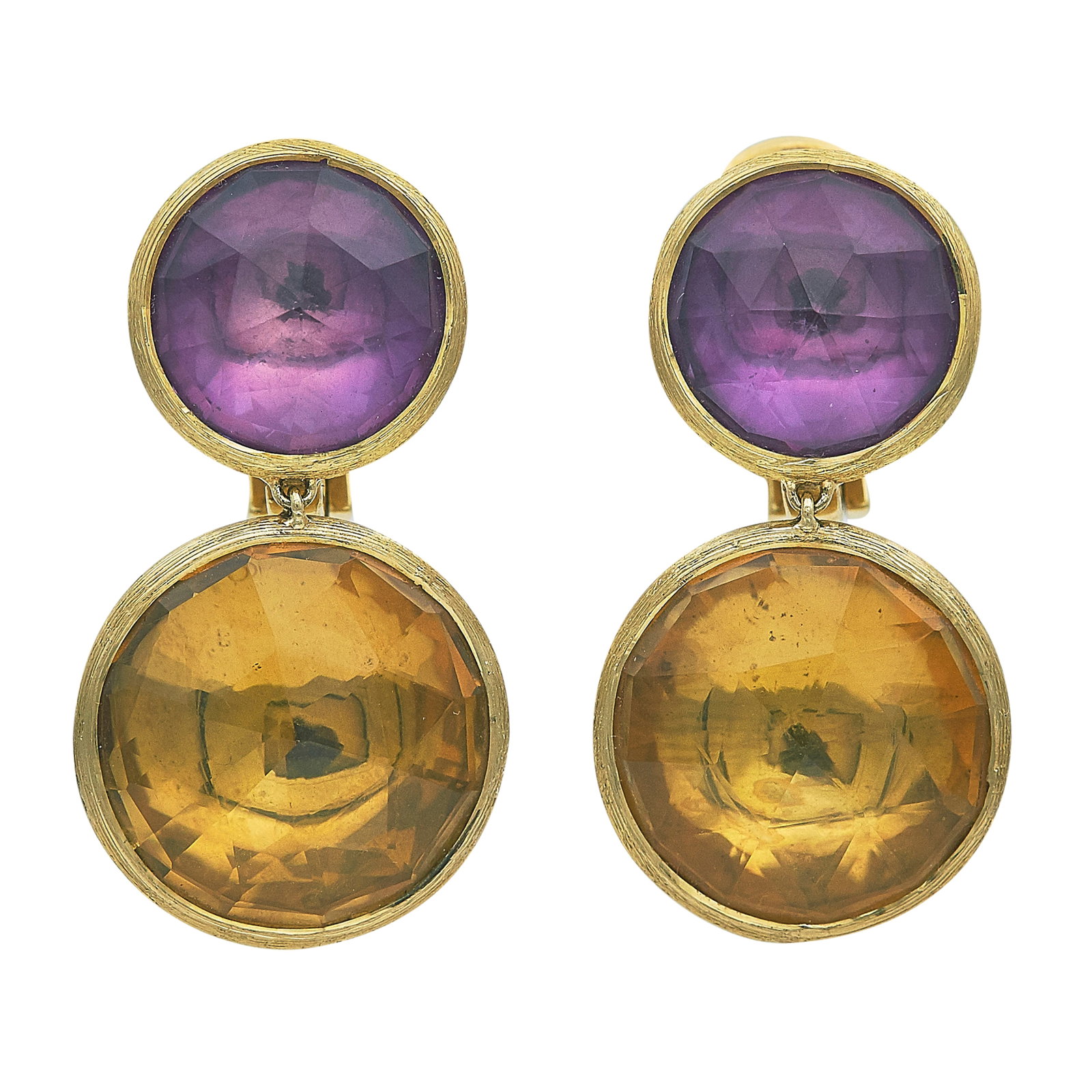 Marco Bicego Jaipur 18K Yellow Gold Citrine and Amethyst Drop Earrings: BRAND: Marco Bicego; COLLECTION: Jaipur; METAL: 18K Yellow Gold; GEMSTONES: Citrine approx. 15.30 mm in diameter, Amethyst approx. 11.20 mm in diameter; STAMPED: Marco Bicego, made in Italy, 750, Ital