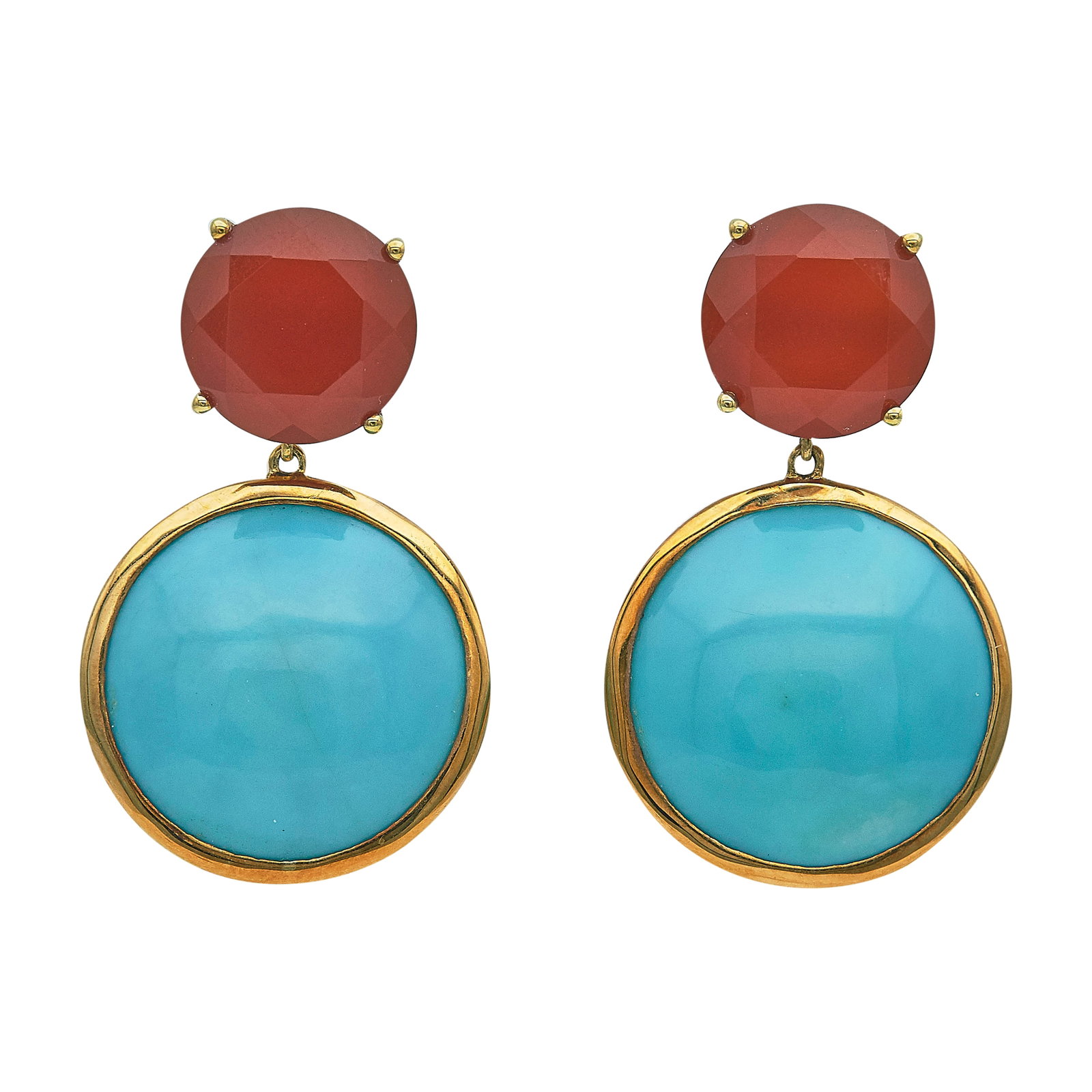 Ippolita 18K Yellow Gold Turquoise and Carnelian Drop Earrings: BRAND: Ippolita; METAL: 18K Yellow Gold; GEMSTONES: Turquoise, Carnelian; STAMPED: Ippolita, 18K; CONDITION: Pre-owned, Very Good; ITEM WEIGHT (GRAMS): 12.1 g; MEASUREMENTS: Earrings 1 1/4 inch long x