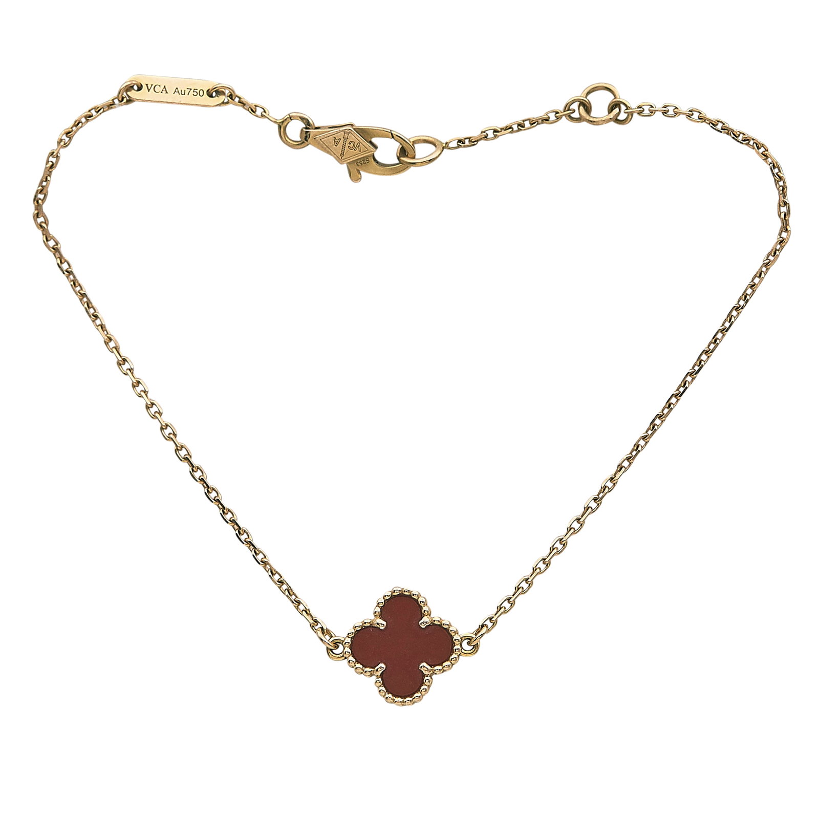 Van Cleef & Arpels Sweet Alhambra 18K Rose Gold and Carnelian Bracelet: BRAND: VCA; COLLECTION: Alhambra (Sweet); METAL: 18K Rose Gold; GEMSTONES: Carnelian; STAMPED: VCA, Au750, Maker's Mark, serial number; CONDITION: Pre-owned, Very Good; ITEM WEIGHT (GRAMS): 1.7 g; MEA