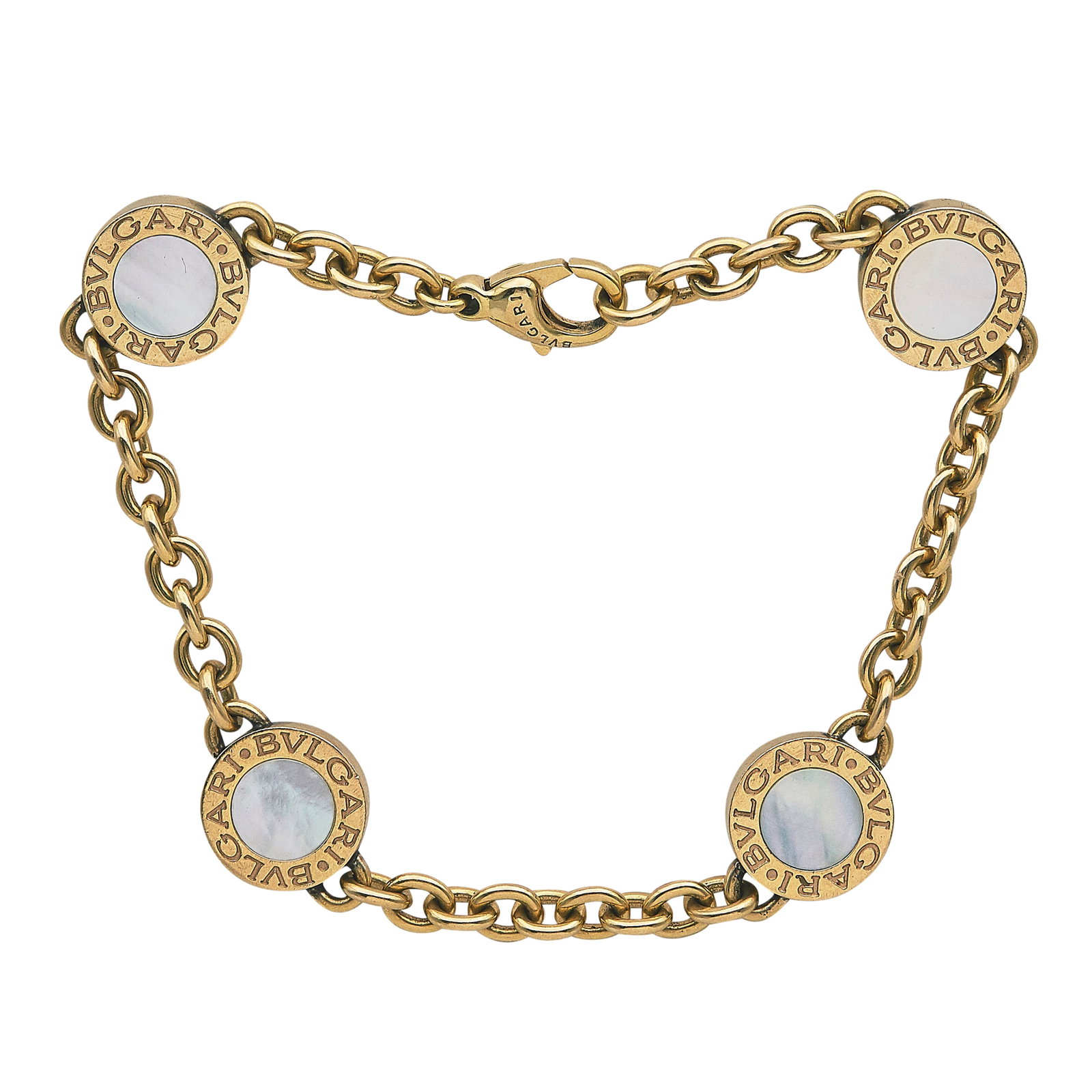 Bulgari Bvlgari-Bvlgari 18K Yellow Gold Mother-of-Pearl and Onyx Bracelet: BRAND: Bulgari; COLLECTION: Bulgari-Bulgari; METAL: 18K Yellow Gold; GEMSTONES: Mother of Pearl, Onyx; STAMPED: Bvlgari, 750, serial number, Au750, Italian workshop mark, Made in Italy; CONDITION: Pre