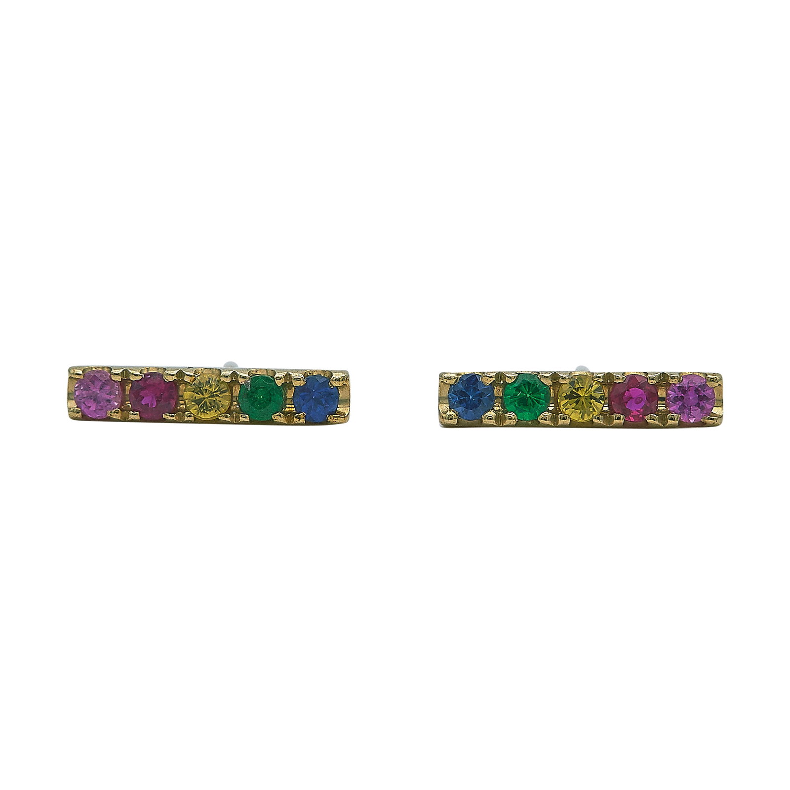 EFFY 14K Yellow Gold and Multi-Colored Sapphire Earrings: BRAND: EFFY; METAL: 14K Yellow Gold; GEMSTONES: Multi-Colored Sapphire; STAMPED: 14K, EFFY; TESTED: 14K Yellow Gold; CONDITION: Pre-owned, Very Good; ITEM WEIGHT (GRAMS): 1.3 g; MEASUREMENTS: Earrings