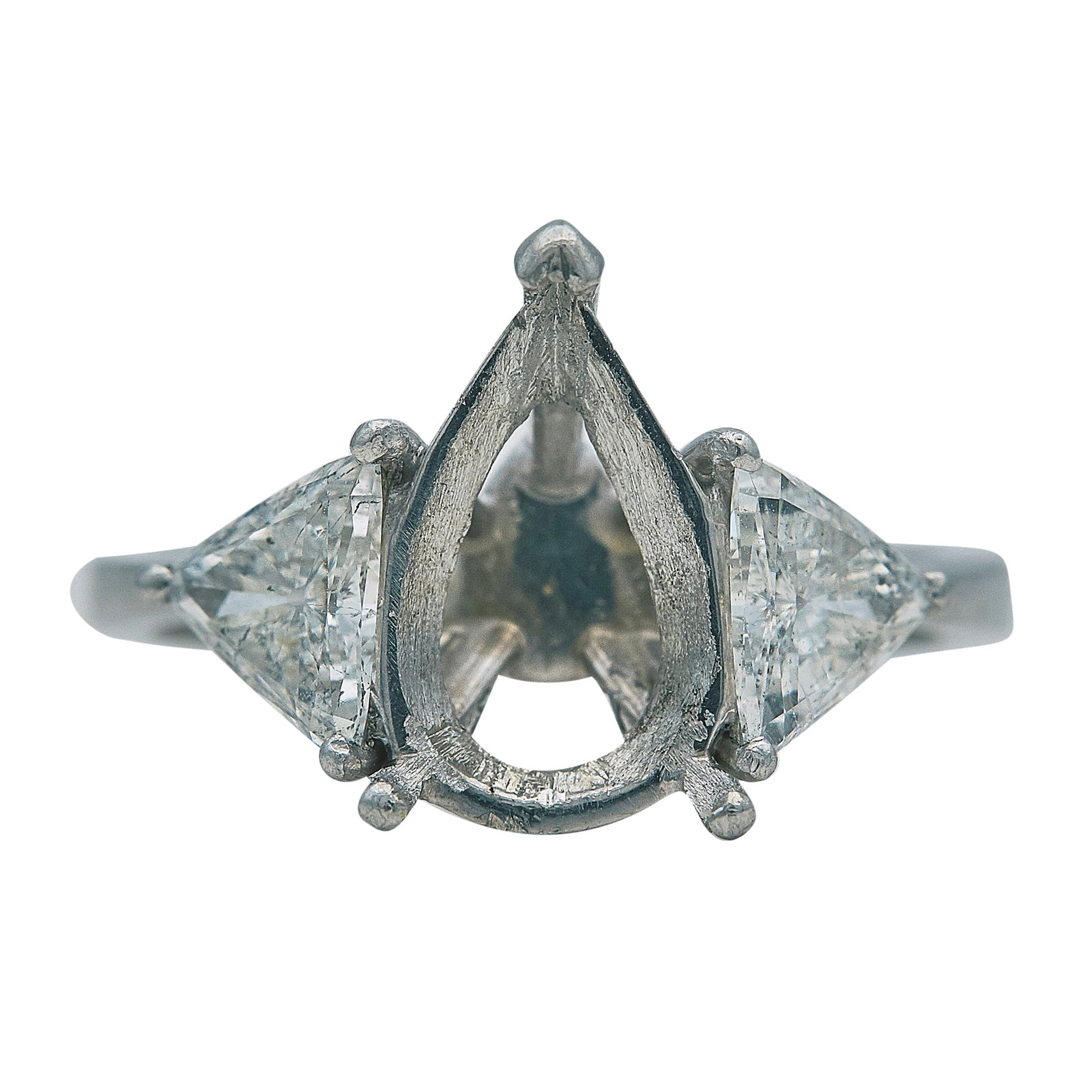 Platinum and Trilliant Cut Diamond Setting: METAL: Platinum; APPROXIMATE TOTAL DIAMOND WEIGHT: 1.20 ctw; STAMPED: 10% IRID PLAT; CONDITION: Pre-owned, Good; ITEM WEIGHT (GRAMS): 6.3 g; MEASUREMENTS: Ring size 5 1/2 with sizing beads, Center wil
