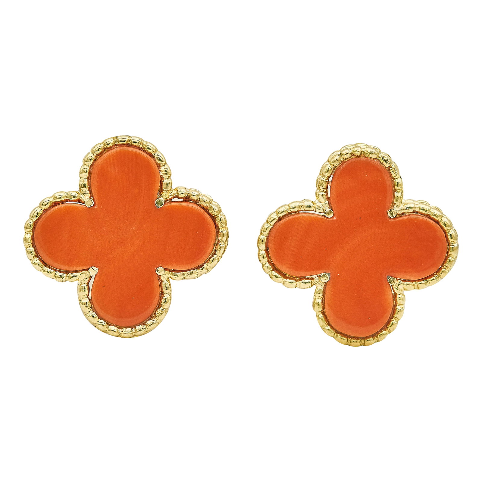 18K Yellow Gold And Coral Quatrefoil Drop Earrings With Collapsible Posts: METAL: 18K Yellow Gold; GEMSTONES: Coral; STAMPED: 750, MADE IN ITALY, italian maker's mark; CONDITION: Pre-owned, Good; ITEM WEIGHT (GRAMS): 9.2 g; MEASUREMENTS: Earrings measure approx. 3/4 inch in 