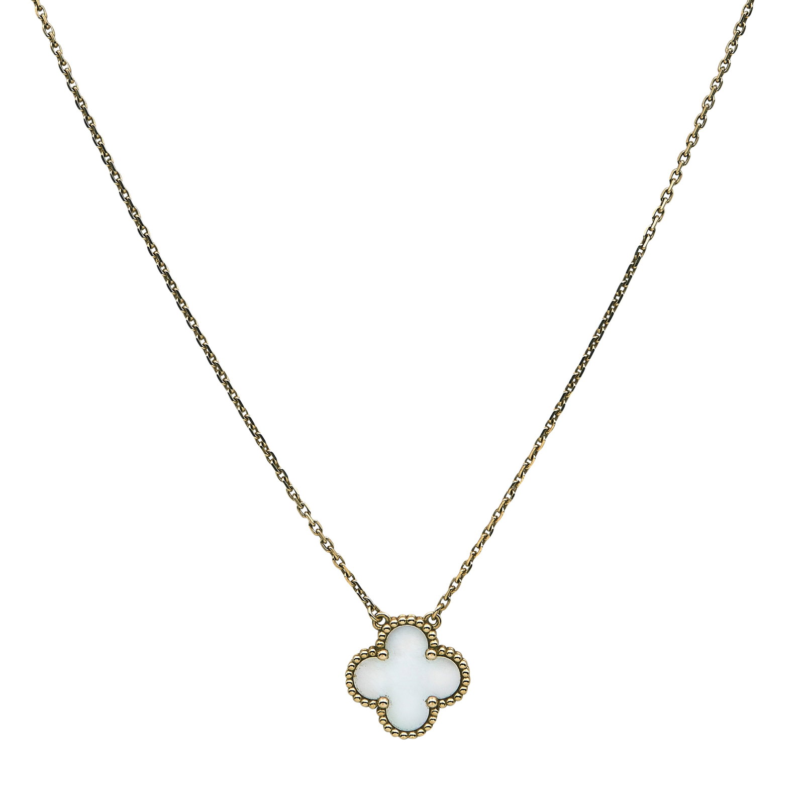 Van Cleef and Arpels Vintage Alhambra 18K Yellow Gold and Mother-of-Pearl Pendant Necklace: BRAND: VCA; COLLECTION: Alhambra (Vintage); METAL: 18K Yellow Gold; GEMSTONES: Mother-of-Pearl; STAMPED: VCA, Au750, French Marks, serial number, Maker's Mark, numbers; CONDITION: Pre-owned, Very Good