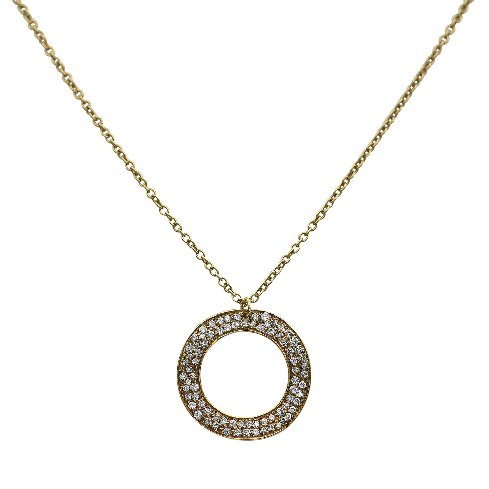 Ippolita 18K Yellow Gold and Diamond Circle Pendant Necklace: BRAND: Ippolita; METAL: 18K Yellow Gold; APPROXIMATE TOTAL DIAMOND WEIGHT: 0.69 ctw; STAMPED: Ippolita, 18K, 750; CONDITION: Pre-owned, Very Good; ITEM WEIGHT (GRAMS): 5.6 g; MEASUREMENTS: Necklace 17