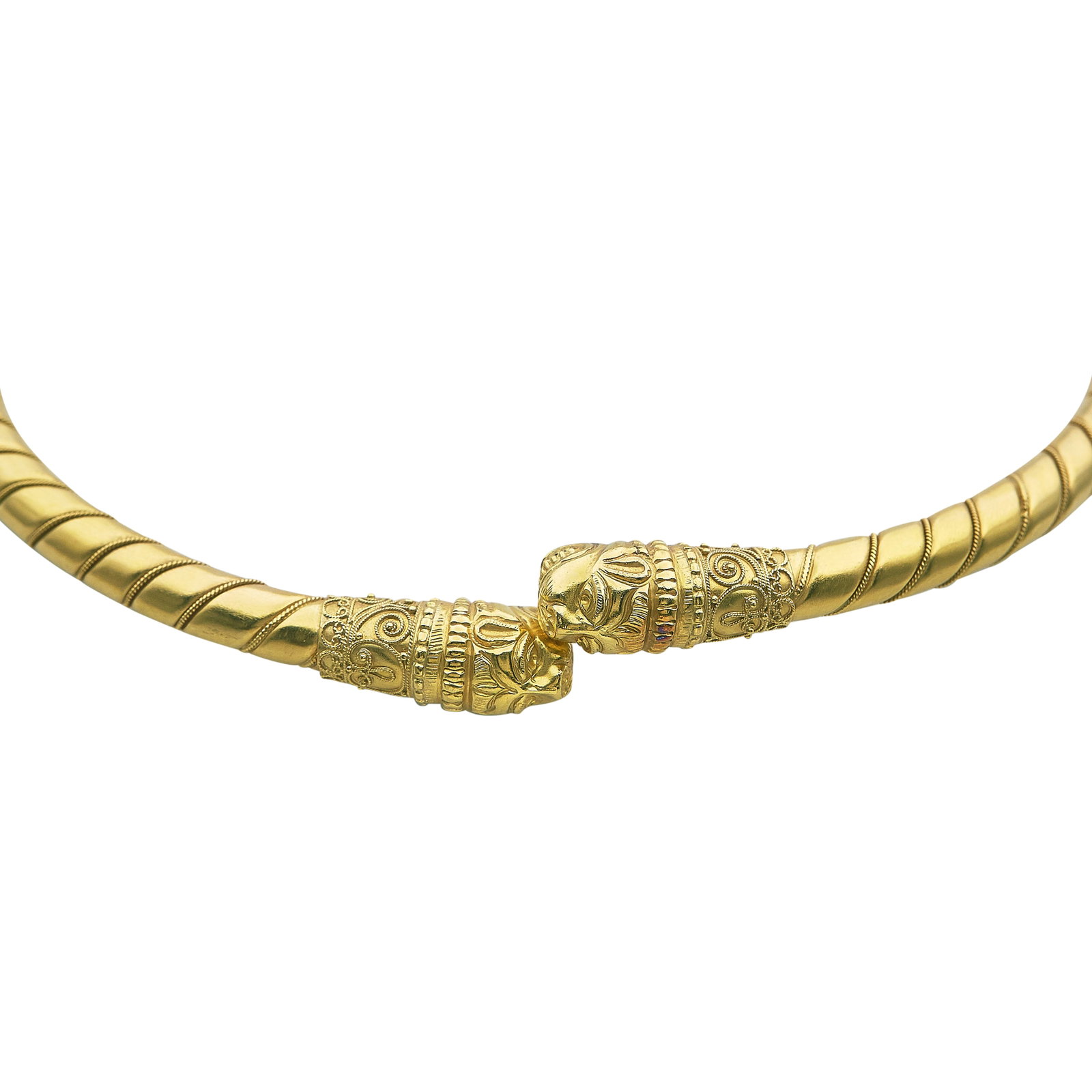 Lalaounis 18K Yellow Gold Lion's Head Torque Necklace: METAL: 18K Yellow Gold; STAMPED: maker's mark, GREECE, 750, MECAN; CONDITION: Pre-owned, Good; ITEM WEIGHT (GRAMS): 71.04 g; MEASUREMENTS: Necklace interior circumference approx. 15 1/2 inches; ADDITI