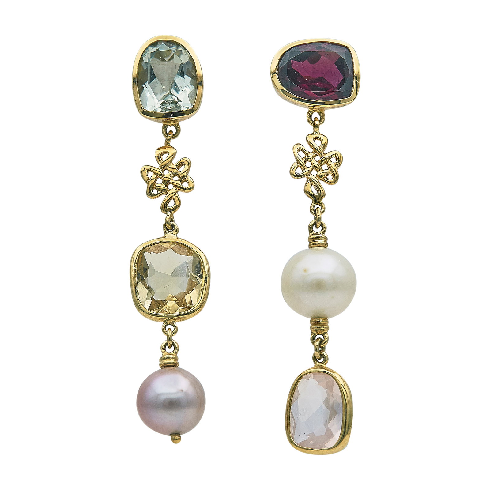 H. Stern 18K Yellow Gold Multicolored Quartz, Garnet, and Pearl Drop Earrings: BRAND: H. Stern; METAL: 18K Yellow Gold; GEMSTONES: Garnet, Citrine, Rose Quartz, Green Quartz, and Pearl; STAMPED: 750, serial number, Maker's Mark; CONDITION: Pre-owned, Very Good; ITEM WEIGHT (GRAM