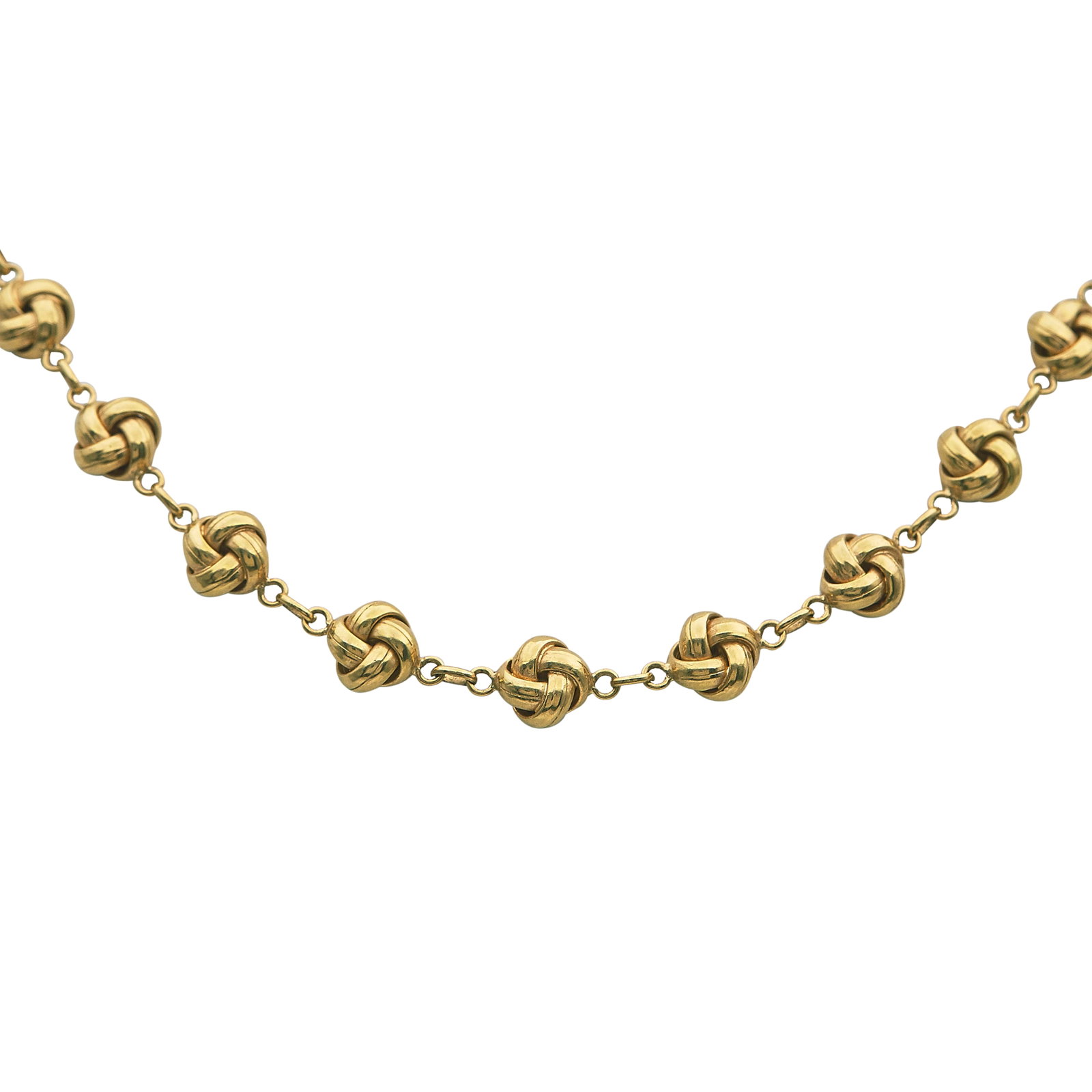 18K Yellow Gold Knot Link Chain Necklace: METAL: 18K Yellow Gold; STAMPED: European hallmarks; CONDITION: Pre-owned, Very Good; ITEM WEIGHT (GRAMS): 21.3 g; MEASUREMENTS: Necklace 17 1/2 inches long
