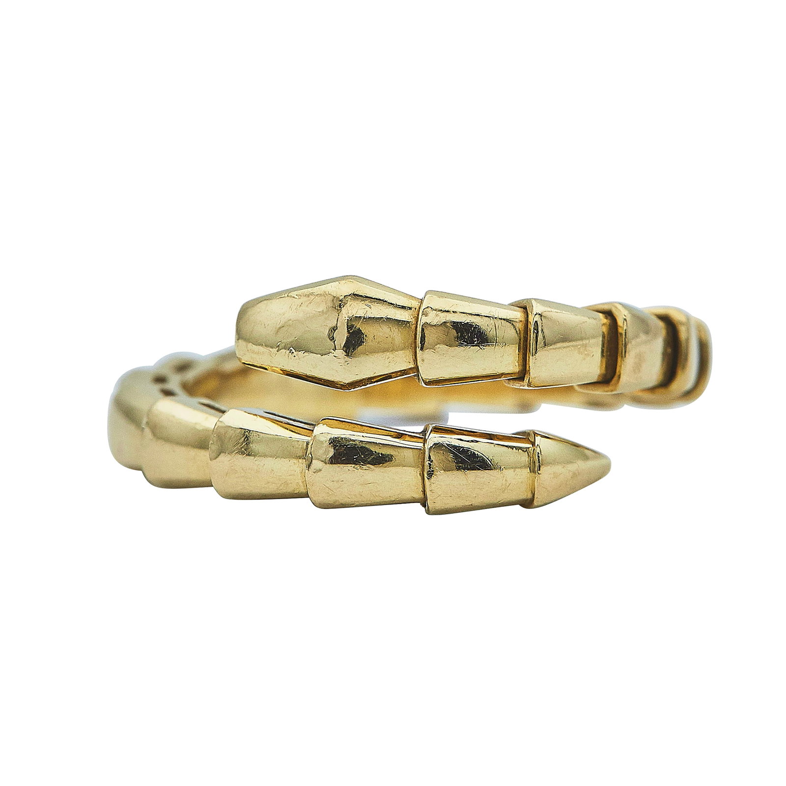 Bulgari Bvlgari Serpenti 18K Yellow Gold Ring: BRAND: Bulgari; COLLECTION: Serpenti; METAL: 18K Yellow Gold; STAMPED: Bvlgari, XL, Au750, serial number Italian workshop mark, Made in Italy; CONDITION: Pre-owned, Very Good; ITEM WEIGHT (GRAMS): 7.1