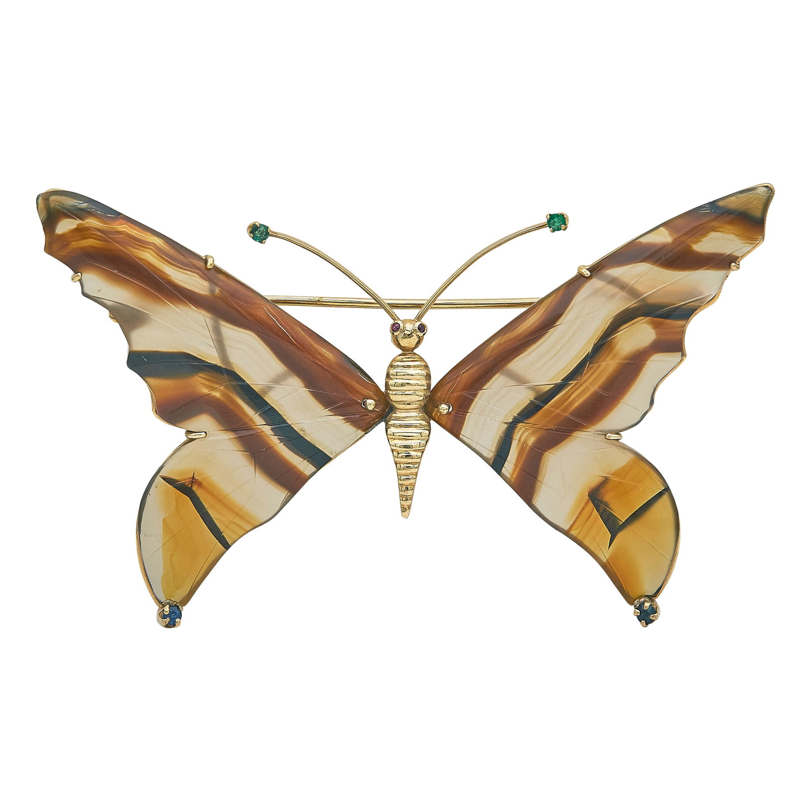 14K Yellow Gold Agate, Ruby Eyed, Sapphire, and Emerald Butterfly Pin Brooch: METAL: 14K Yellow Gold; GEMSTONES: Agate, Emerald, Ruby, and Sapphire; TESTED: 14K Yellow Gold; CONDITION: Pre-owned, Good; ITEM WEIGHT (GRAMS): 14 g; MEASUREMENTS: Brooch 3 inches long x 1 7/8 inch w