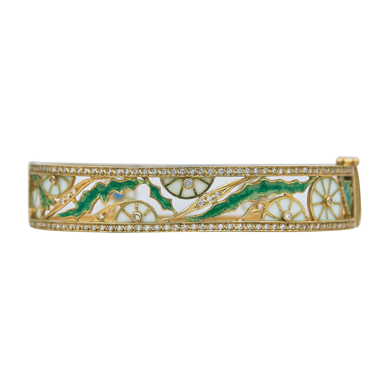Masriera 18K Yellow Gold Diamond and Enamel Hinged Floral Bangle Bracelet: BRAND: Masriera; METAL: 18K Yellow Gold; APPROXIMATE TOTAL DIAMOND WEIGHT: 0.61 ctw; GEMSTONES: Enamel; STAMPED: MASRIERA, numbered; TESTED: 18K Yellow Gold; CONDITION: Pre-owned, Very Good; ITEM WEIG