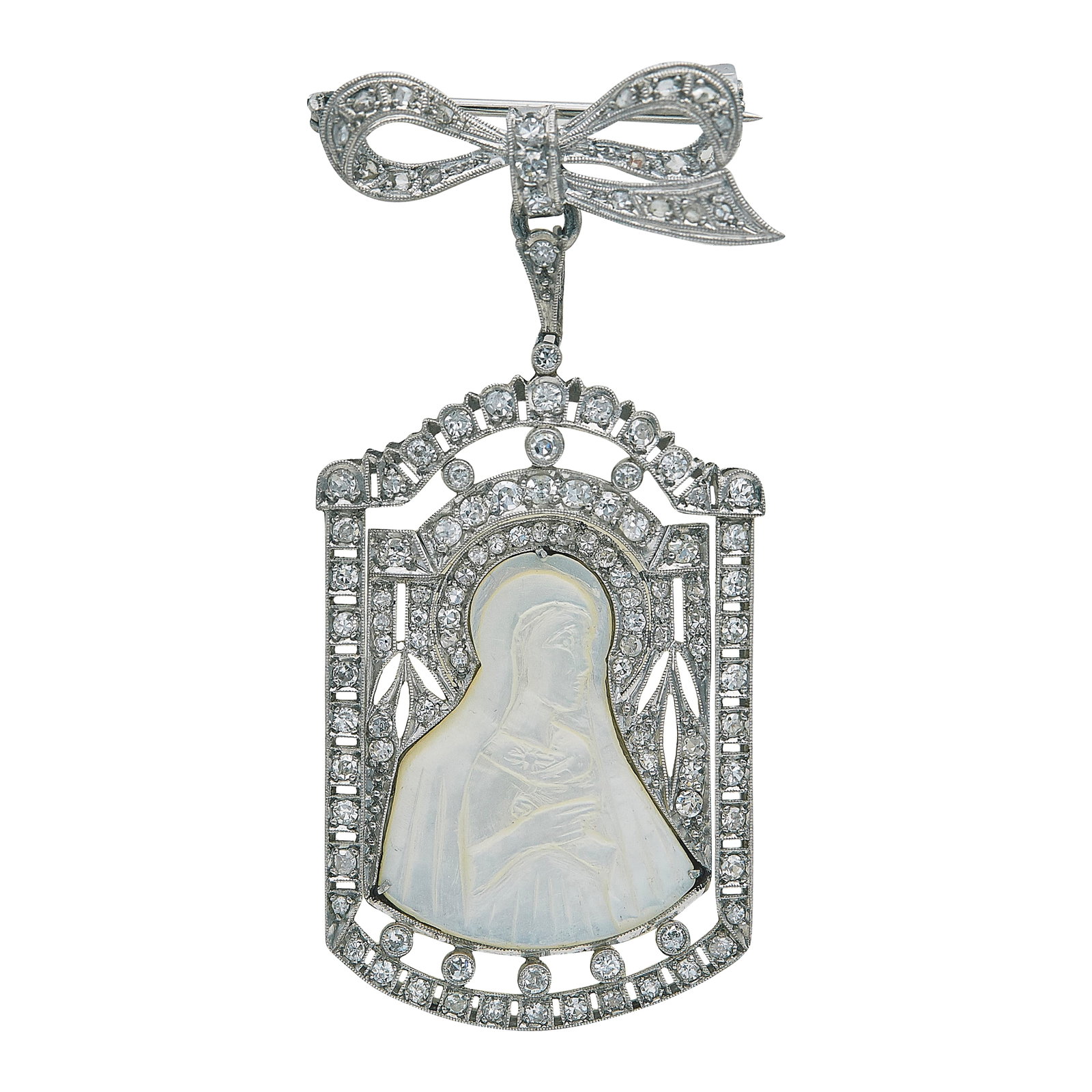 Virgin Mary Platinum Mother-of-Pearl and Diamond Pin Pendant: METAL: Platinum; APPROXIMATE TOTAL DIAMOND WEIGHT: 1.62 ctw; GEMSTONES: Mother of Pearl; TESTED: Platinum; CONDITION: Pre-owned, Very Good; ITEM WEIGHT (GRAMS): 10.2 g; MEASUREMENTS: Pendant 2 3/8 inc