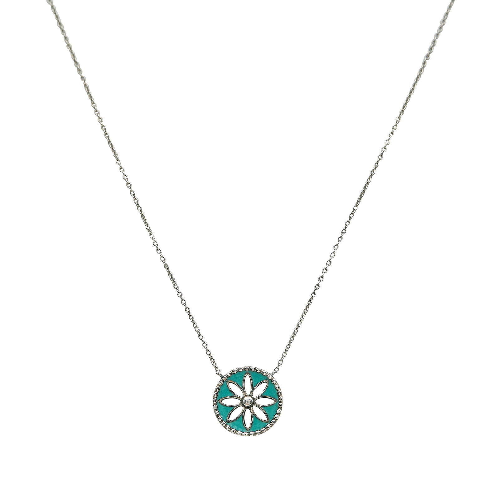 Tiffany & Co. Sterling Silver and Enamel Flower Pendant Necklace: BRAND: Tiffany & Co.; METAL: Sterling Silver; GEMSTONES: Enamel; STAMPED: AG925, © Tiffany & Co.; CONDITION: Pre-owned, Very Good; ITEM WEIGHT (GRAMS): 2.84 g; MEASUREMENTS: Necklace 19 inches long i