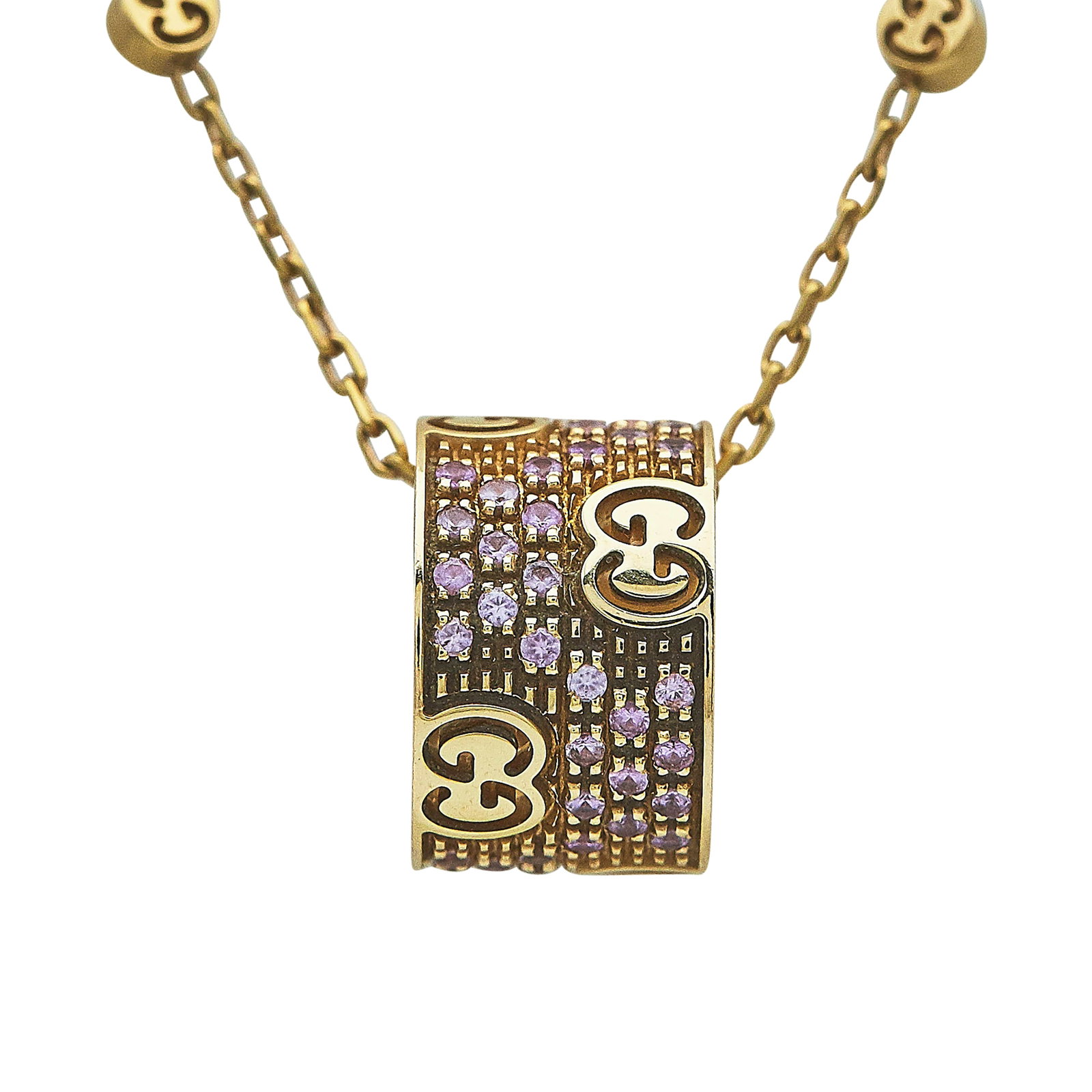 Gucci Icon 18K Yellow Gold and Pink Sapphire Pendant Necklace: BRAND: Gucci; METAL: 18K Yellow Gold; GEMSTONES: Pink Sapphire; STAMPED: Italian Workshop Mark, Au750, Maker's Mark, Gucci, Made in Italy; CONDITION: Pre-owned, Very Good; ITEM WEIGHT (GRAMS): 10.2 g;