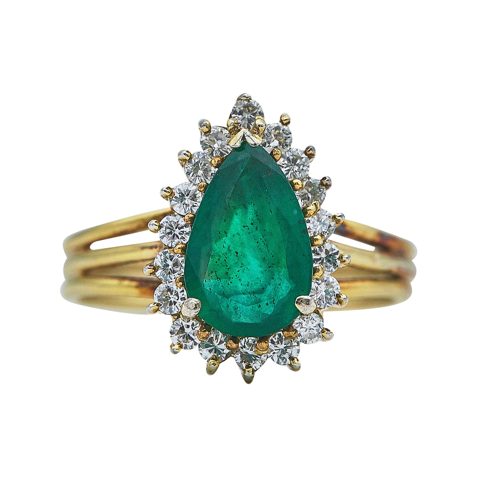 14K Yellow Gold Pear Cut Emerald and Diamond Ring: METAL: 14K Yellow Gold; APPROXIMATE TOTAL DIAMOND WEIGHT: 0.18 ctw; GEMSTONES: Emerald approx. 0.89 carat, Weight estimated by formula; STAMPED: 14K; CONDITION: Pre-owned, Very Good; ITEM WEIGHT (GRAM