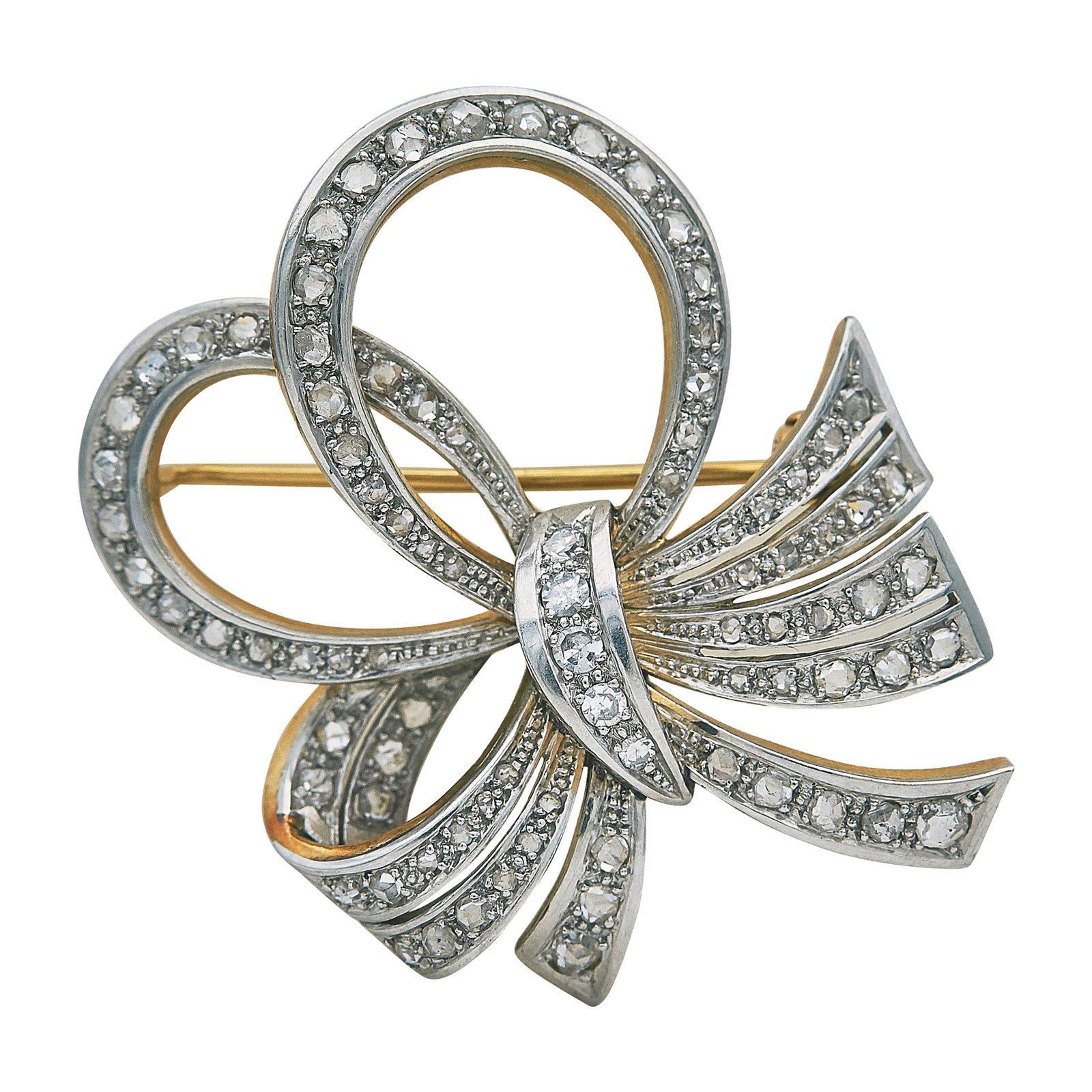 Platinum Topped 18K Yellow Gold and Rose Cut Diamond Bow Pin Brooch: METAL: 18K Yellow Gold/Platinum; STAMPED: Pictoral marks on pin stem; TESTED: 18K Yellow Gold/Platinum; CONDITION: Pre-owned, Very Good; ITEM WEIGHT (GRAMS): 13.1 g; MEASUREMENTS: Brooch 1 1/2 inch wi