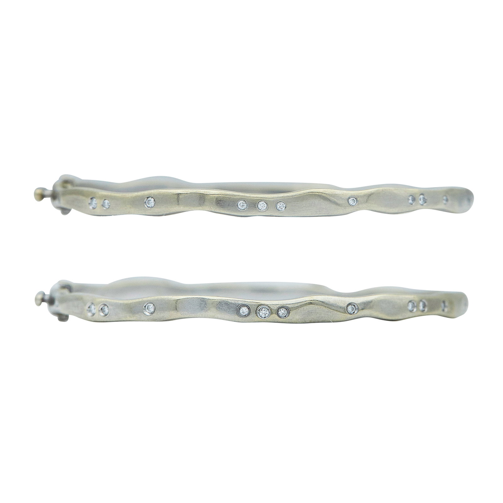 H. Stern 18K White Gold and Diamond Hinged Bangle Bracelet Set: BRAND: H. Stern; METAL: 18K White Gold; APPROXIMATE TOTAL DIAMOND WEIGHT: 0.24 ctw; STAMPED: Maker's Mark, Italian Workshop Mark, 18KT; CONDITION: Pre-owned, Very Good; ITEM WEIGHT (GRAMS): 27.9 g; ME