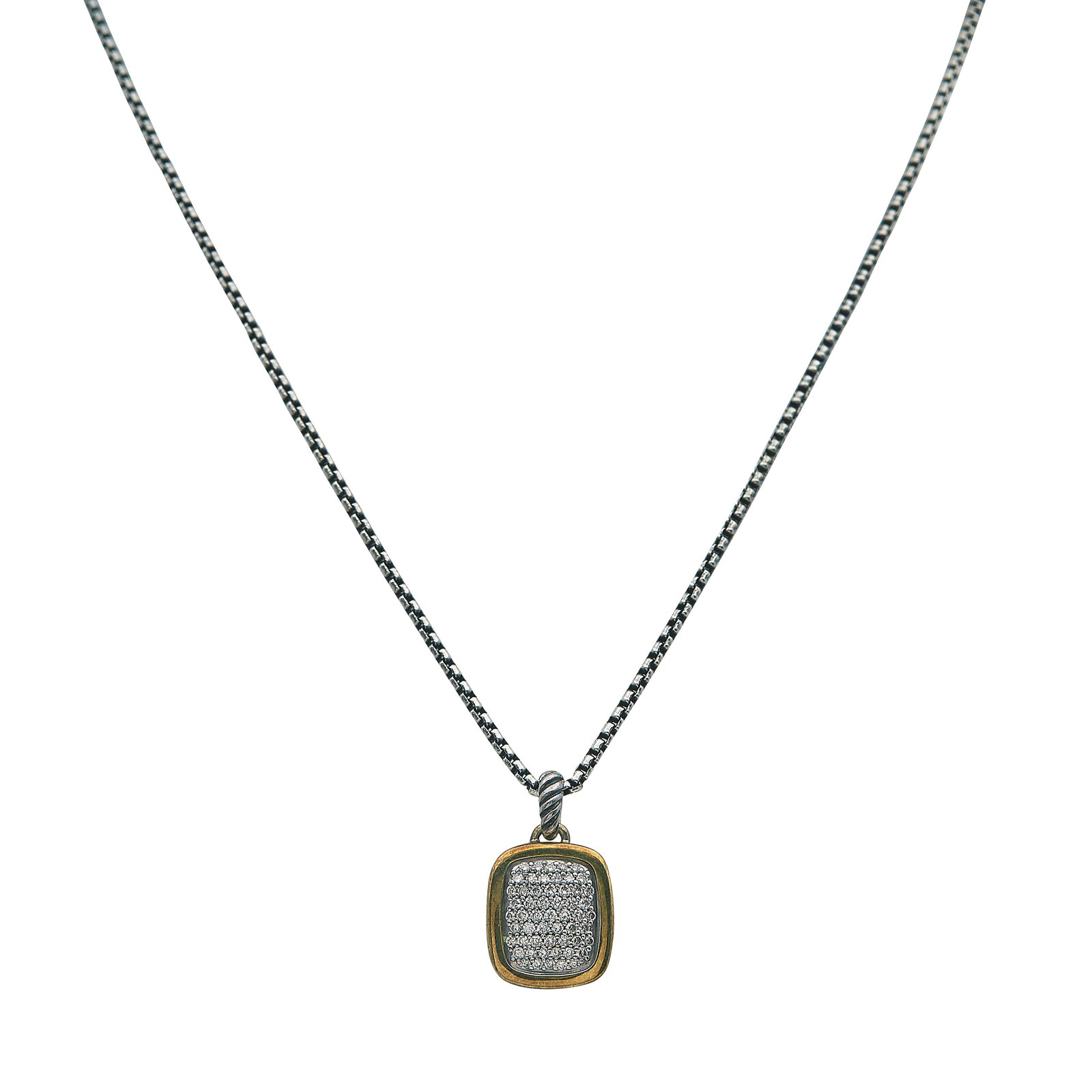 David Yurman Sterling Silver and 18K Yellow Gold Diamond Cluster Pendant Necklace: BRAND: David Yurman; METAL: 18K Yellow Gold/Silver; APPROXIMATE TOTAL DIAMOND WEIGHT: 0.55 ctw; STAMPED: Pendant marked: © D.Y., 925, 750; Clasp marked: Maker's Mark, 925; CONDITION: Pre-owned, Very 