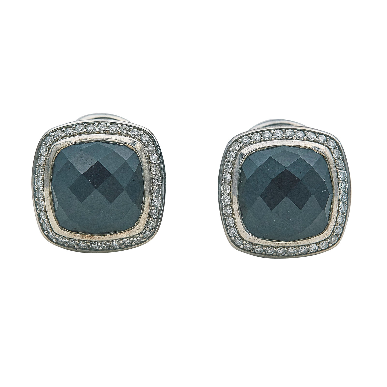 David Yurman Sterling Silver Onyx and Diamond Earrings: BRAND: David Yurman; METAL: Sterling Silver, 14K White Gold; APPROXIMATE TOTAL DIAMOND WEIGHT: 0.72 ctw; GEMSTONES: Onyx; STAMPED: Posts marked: 585, D.Y.; Earrings marked: © D.Y. 925; CONDITION: Pre
