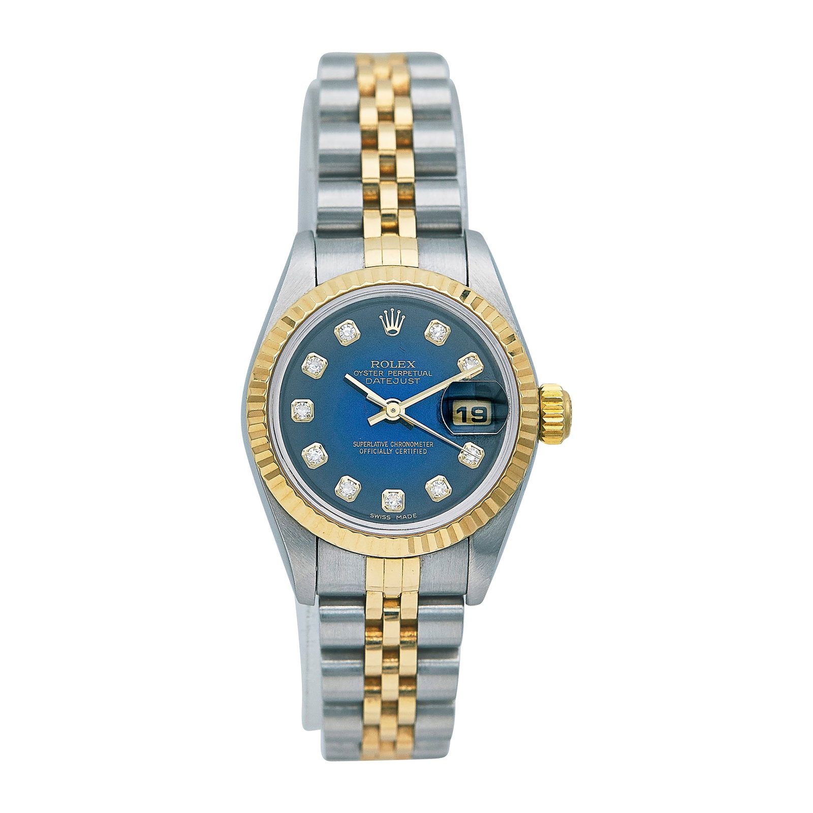 Rolex Datejust 18K YG/SS Watch Ref. 79173, circa 2004: BRAND: Rolex; STYLE: Datejust; REF. #: 79173; CONDITION: Pre-owned, Very Good; YEAR: Circa 2004; ADDITIONAL COMMENTS: F serial, Hairline scratches throughout watch with light impacts, Bracelet with li