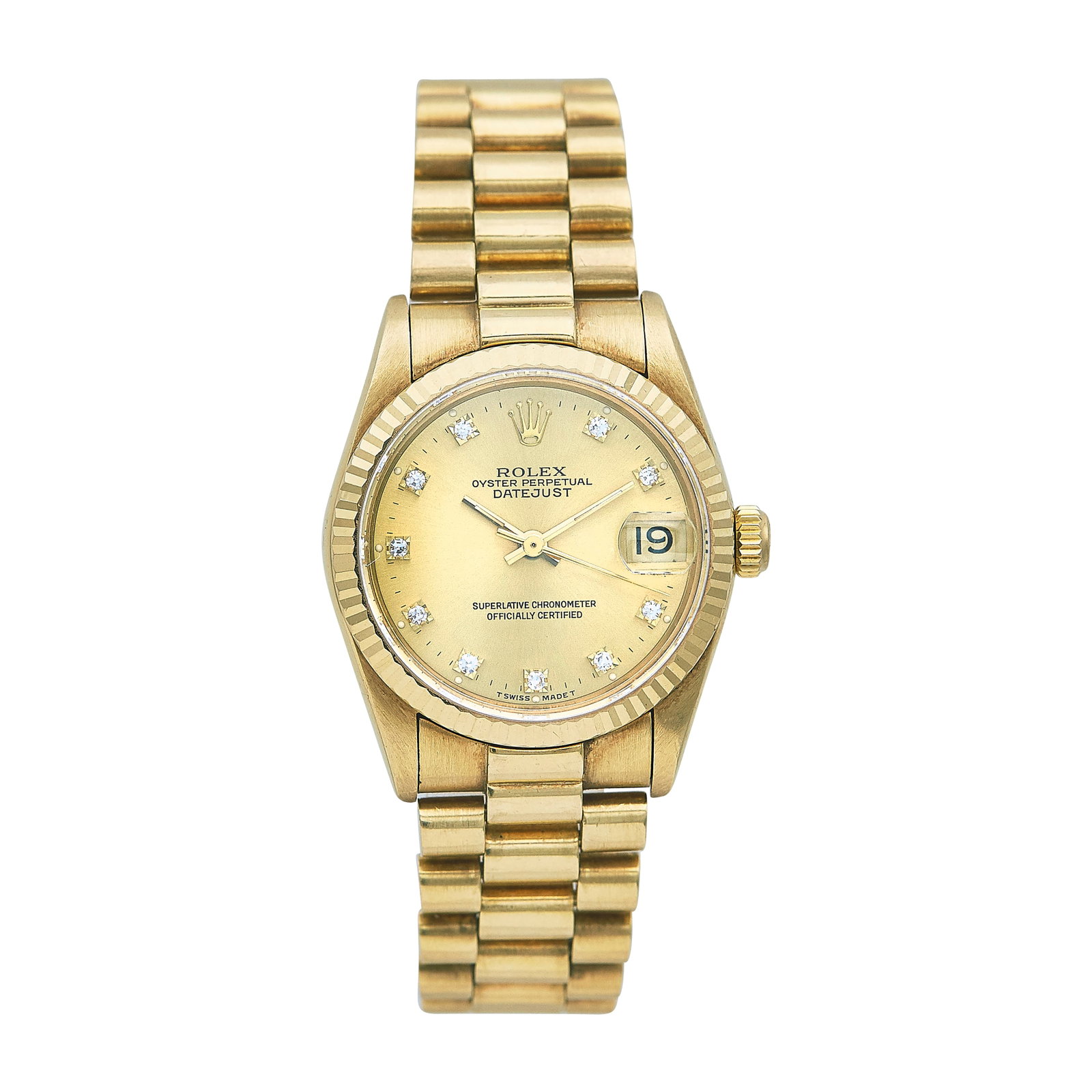 Rolex Datejust 31 18K Yellow Gold Watch Ref. 68278, circa 1989: BRAND: Rolex; STYLE: Datejust 31; REF. #: 68278; CONDITION: Pre-owned, Good; YEAR: Circa 1989; ADDITIONAL COMMENTS: L serial, Scratches throughout watch, Light chips around crystal edges, Bracelet wit