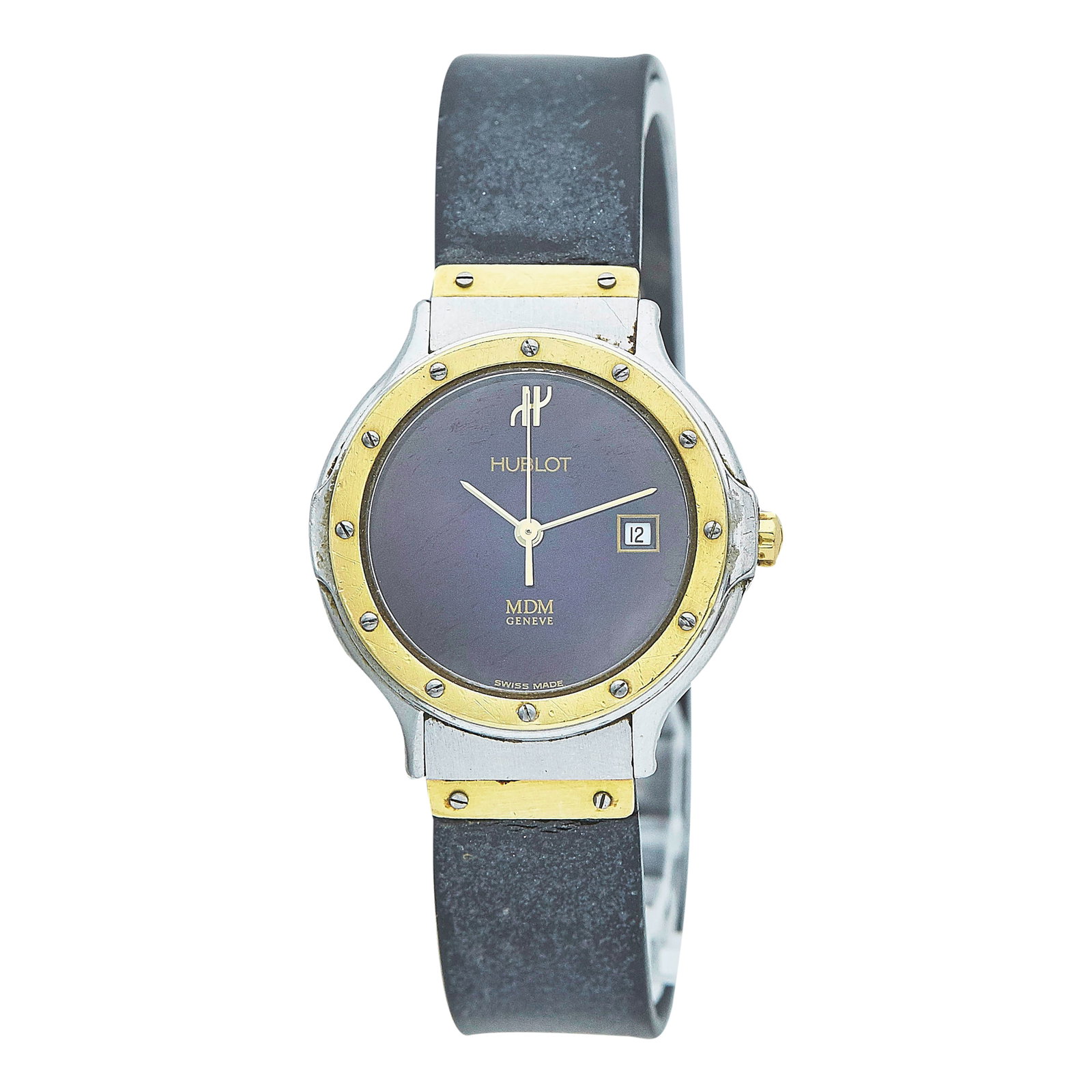 Hublot Elegant MDM 18K Yellow Gold/SS Watch Ref. 1390.2, circa 2000: BRAND: Hublot; STYLE: Elegant MDM; REF. #: 1390.2; CONDITION: Pre-owned, Good; YEAR: Circa 2000; ADDITIONAL COMMENTS: Scratches throughout watch, Rubber strap with wear; CASE SIZE (mm): 28; CASE MATER