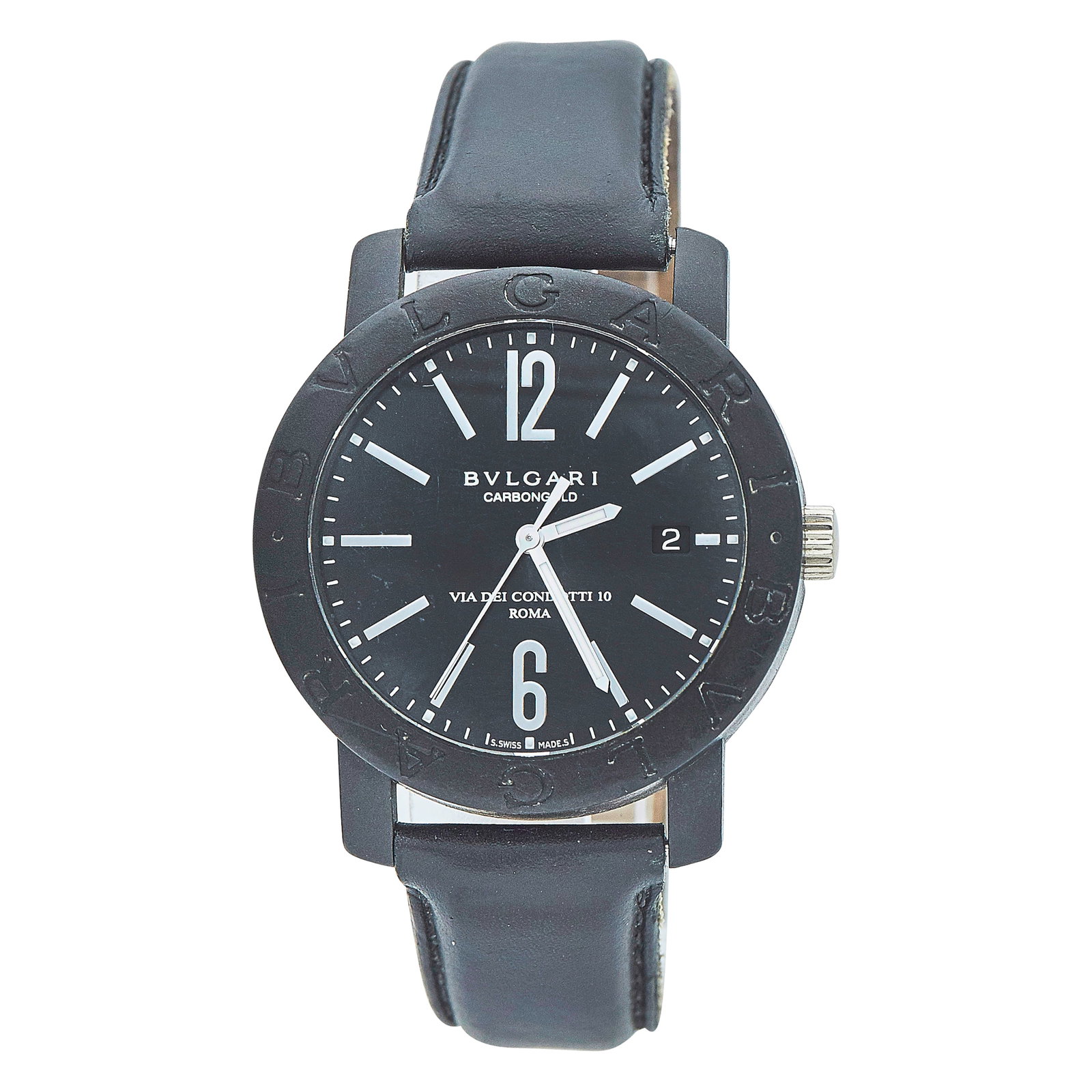 Bulgari Bvlgari Carbongold Via Condotti Black Carbon Fiber Watch Ref. BB40CL, circa 2010: BRAND: Bulgari; REF. #: BB40CL; CONDITION: Pre-owned, Good; YEAR: Circa 2010; ADDITIONAL COMMENTS: Scratches throughout watch, Scratches throughout crystal and damage to crystal coating, Wear to leath