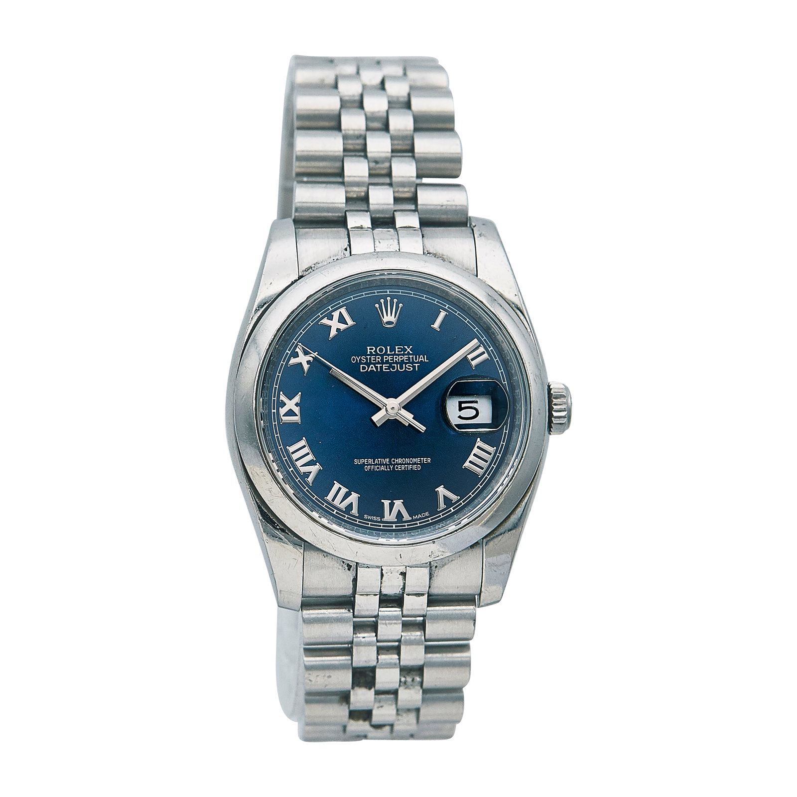Rolex DateJust 36 Stainless Steel Watch Ref. 116200, 2014: BRAND: Rolex; STYLE: DateJust 36; REF. #: 116200; CONDITION: Pre-owned, Good; YEAR: 2014; ADDITIONAL COMMENTS: W Serial, Scratches throughout watch, Scratches on crystal at 1 o'clock and 7 o'clock mar