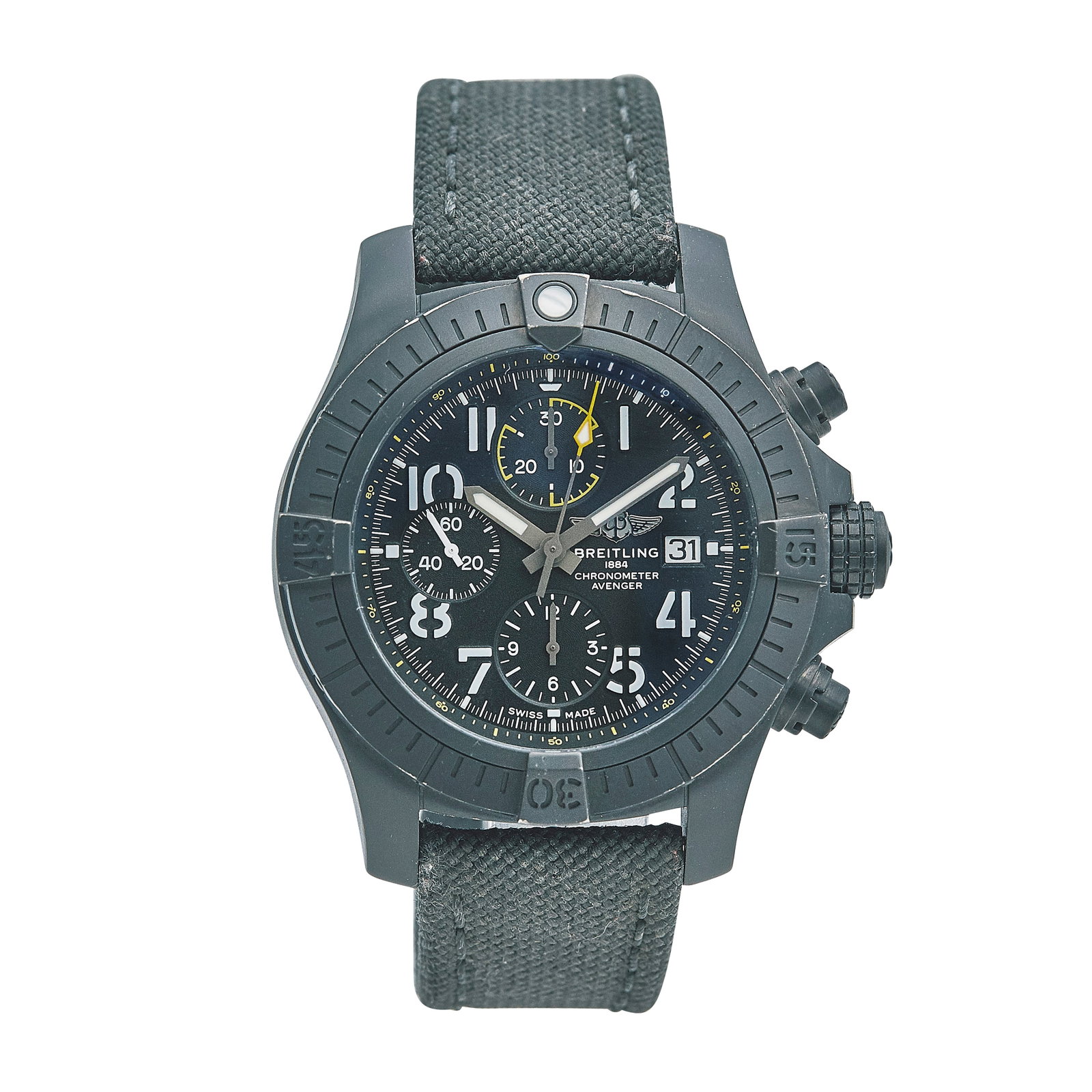Breitling Avenger Chronograph Titanium DLC Watch Ref. V13317101B1x1, 2019: BRAND: Breitling; STYLE: Chrono Avenger; REF. #: V13317101B1x1; CONDITION: Pre-owned, Good; YEAR: 2019; ADDITIONAL COMMENTS: Scratches throughout watch, Light wear top upper left hand side of bezel, W