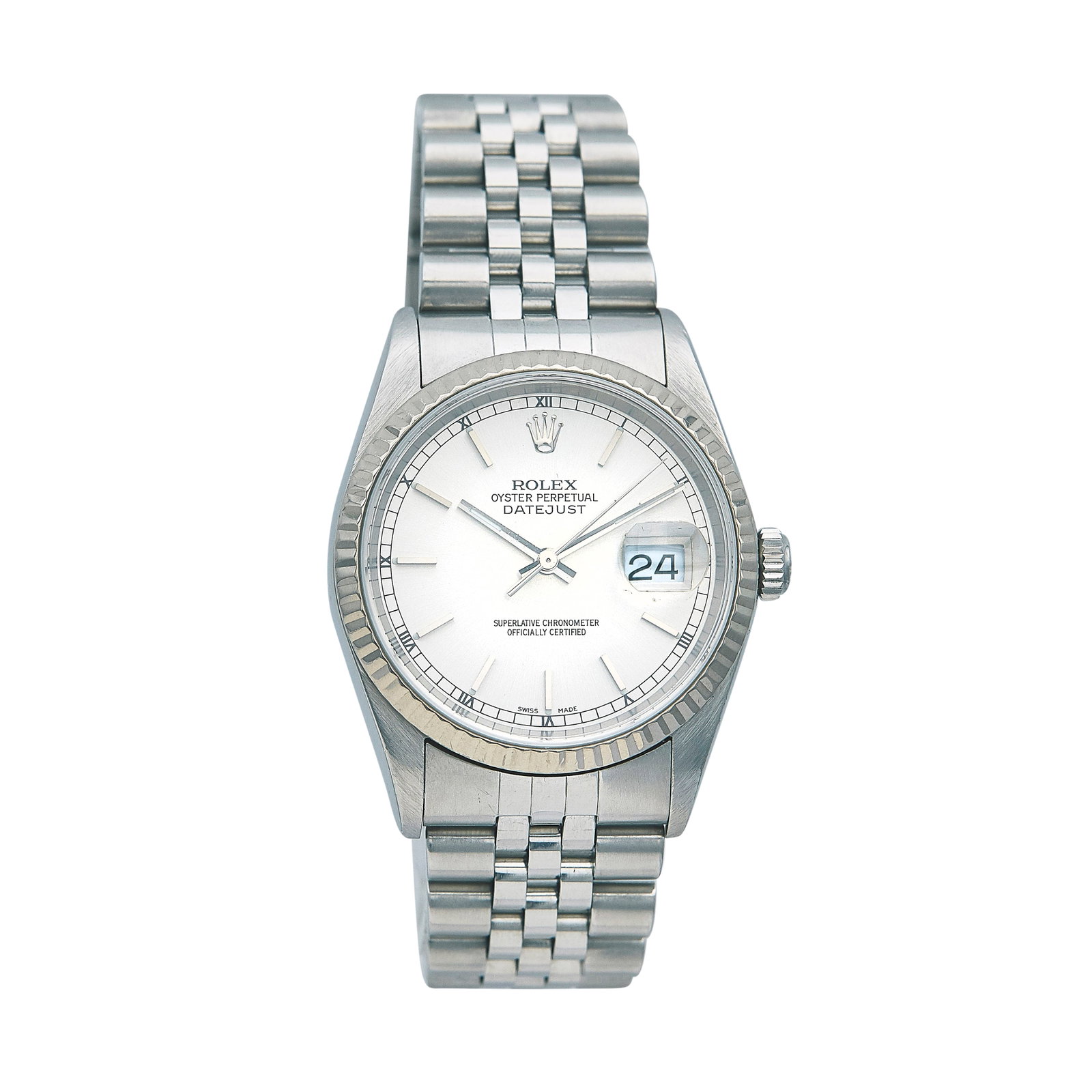 Rolex DateJust 36 Stainless Steel and 18K White Gold Watch Ref. 16234, 2003: BRAND: Rolex; STYLE: DateJust 36; REF. #: 16234; CONDITION: Pre-owned, Good; YEAR: 2003; ADDITIONAL COMMENTS: K serial, Scratches throughout watch, A few light chips around edges of crystal, Bracelet 