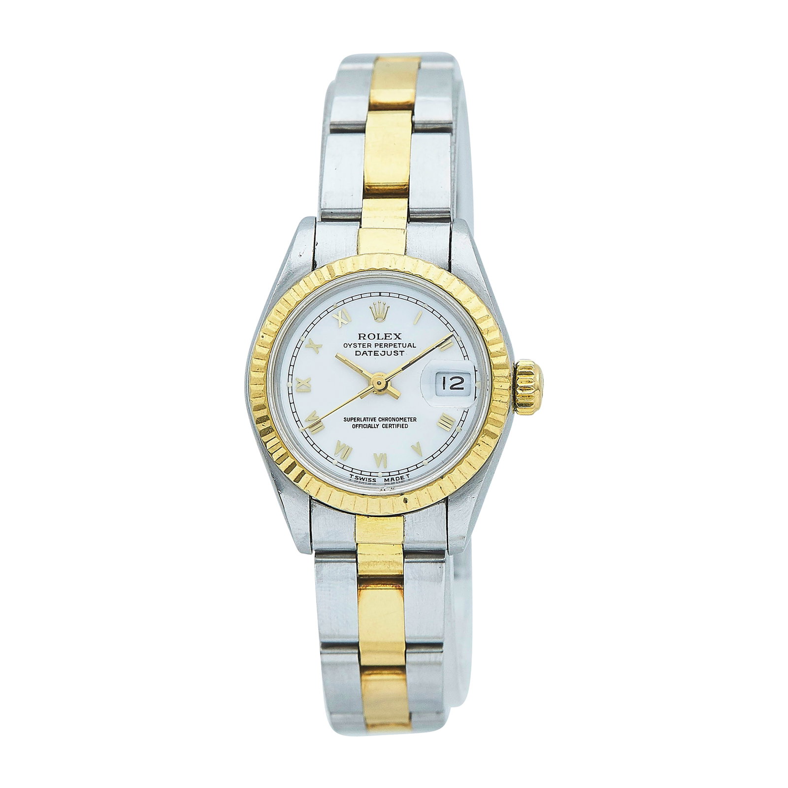 Rolex Datejust 18K Yellow Gold/SS Watch Ref. 69173, 1992: BRAND: Rolex; STYLE: Datejust; REF. #: 69173; CONDITION: Pre-owned, Very Good; YEAR: 1992; ADDITIONAL COMMENTS: E serial, Scratches throughout watch, Chips on edges of crystal, Bracelet with medium st