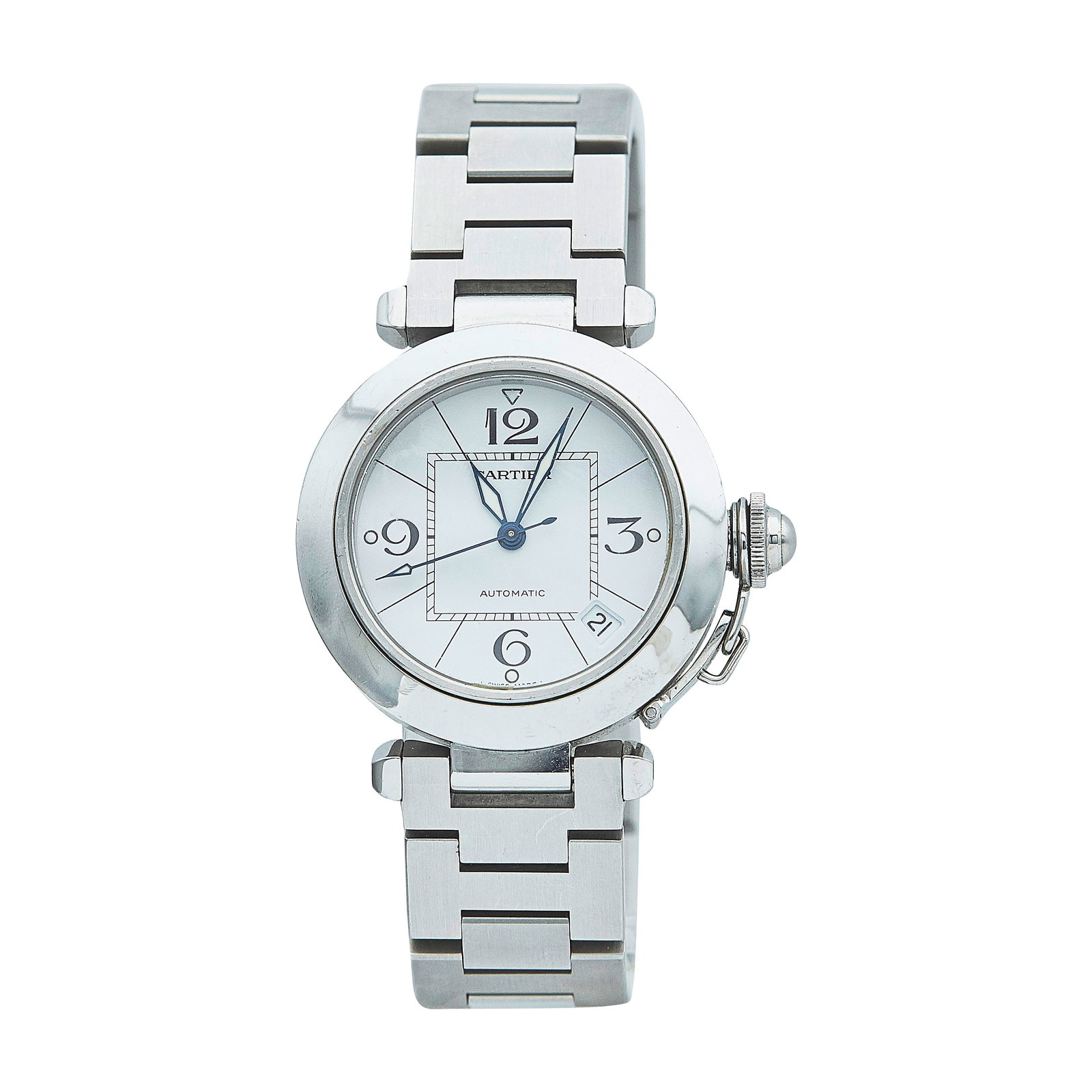 Cartier Pasha Stainless Steel Watch Ref. W31074M7, circa 2010: BRAND: Cartier; STYLE: Pasha; REF. #: W31074M7; CONDITION: Pre-owned, Good; YEAR: Circa 2010; ADDITIONAL COMMENTS: Scratches throughout watch, Light impacts on case; Accompanied by 4 loose links, Cert