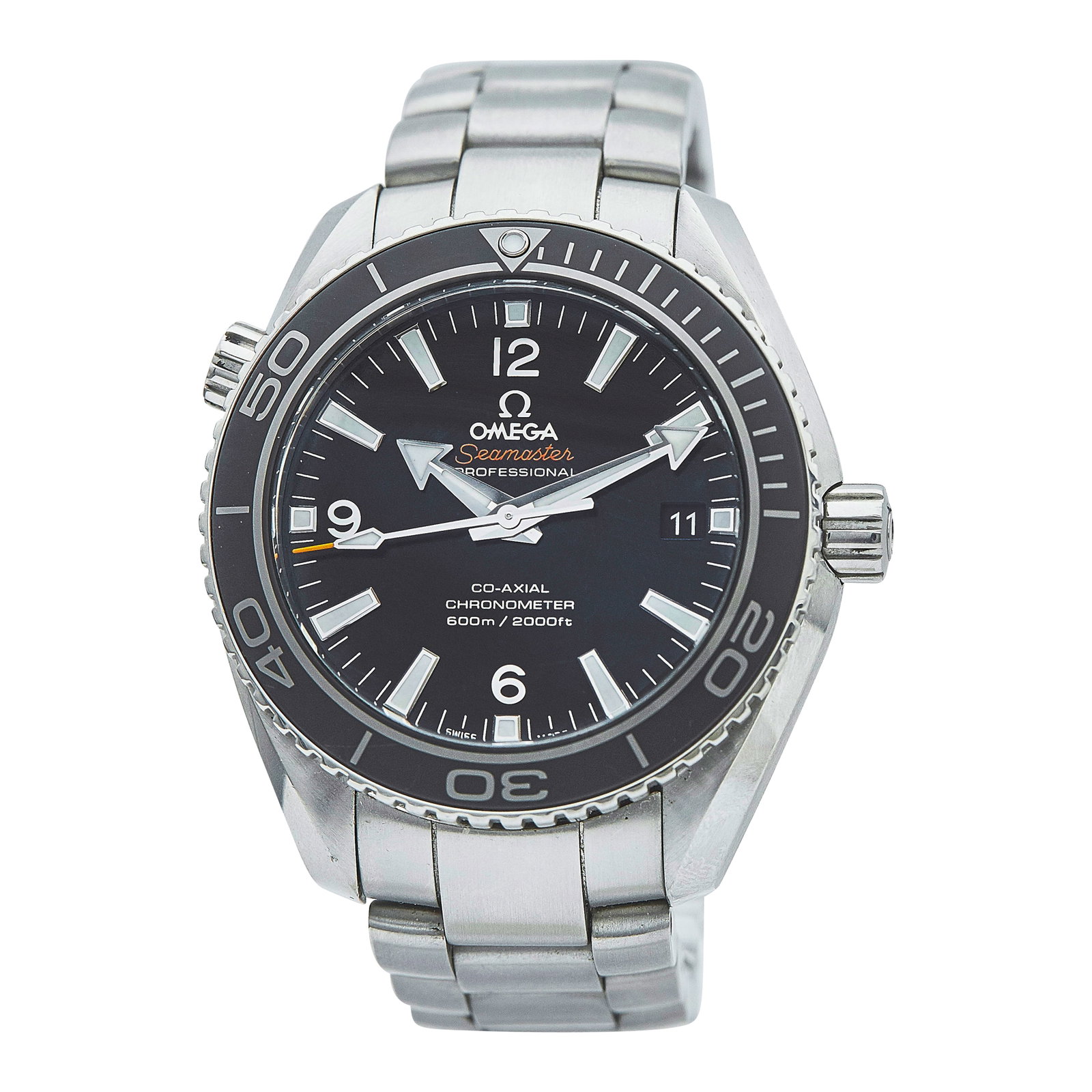Omega Seamaster Planet Ocean Stainless Steel Watch Ref. 232.30.42.21.01.001, circa 2015: BRAND: Omega; STYLE: Seamaster Planet Ocean; REF. #: 232.30.42.21.01.001; CONDITION: Pre-owned, Very Good; YEAR: Circa 2015; ADDITIONAL COMMENTS: Light scratches throughout watch, Accompanied by two e