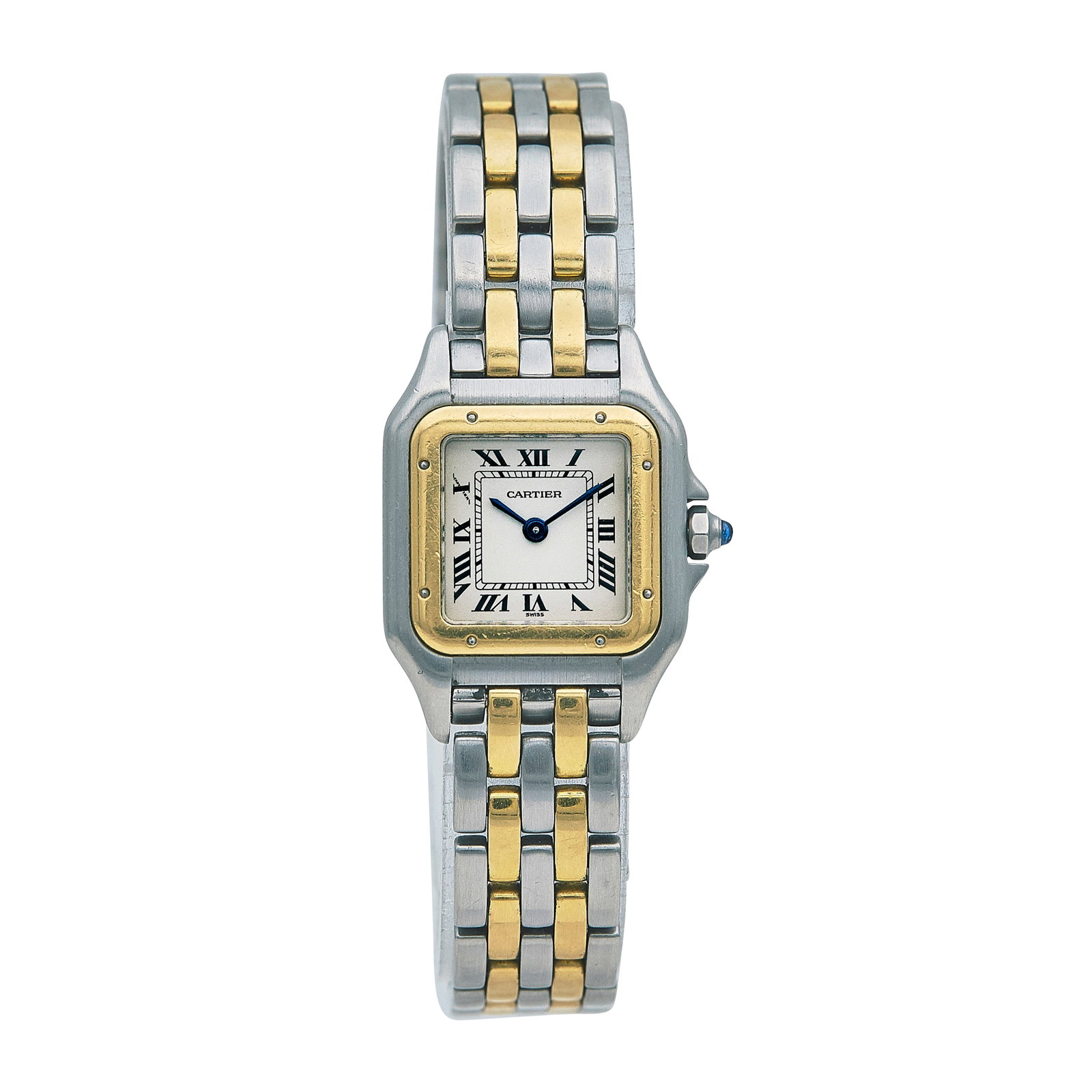 Cartier Panthère de Cartier 18K Yellow Gold and Stainless Steel Watch Ref. W25029B6, circa 1995: BRAND: Cartier; STYLE: Panthère de Cartier; REF. #: W25029B6; CONDITION: Pre-owned, Very Good; YEAR: Circa 1995; ADDITIONAL COMMENTS: Scratches throughout watch, Crown with light abrasions; CASE SIZE