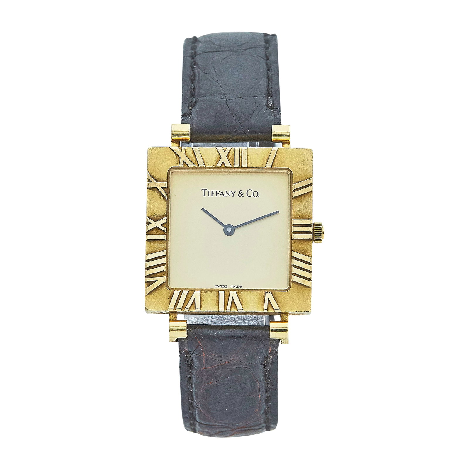 Tiffany & Co. Atlas 18K Yellow Gold Watch, Ref. M3630, circa 1985: REF. #: M3630; CONDITION: Pre-owned, Good; YEAR: Circa 1985; ADDITIONAL COMMENTS: Scratches throughout watch, Minor abrasions on edge of crystal; CASE SIZE (mm): 27 x 27; CASE MATERIAL: 18K Yellow Gol