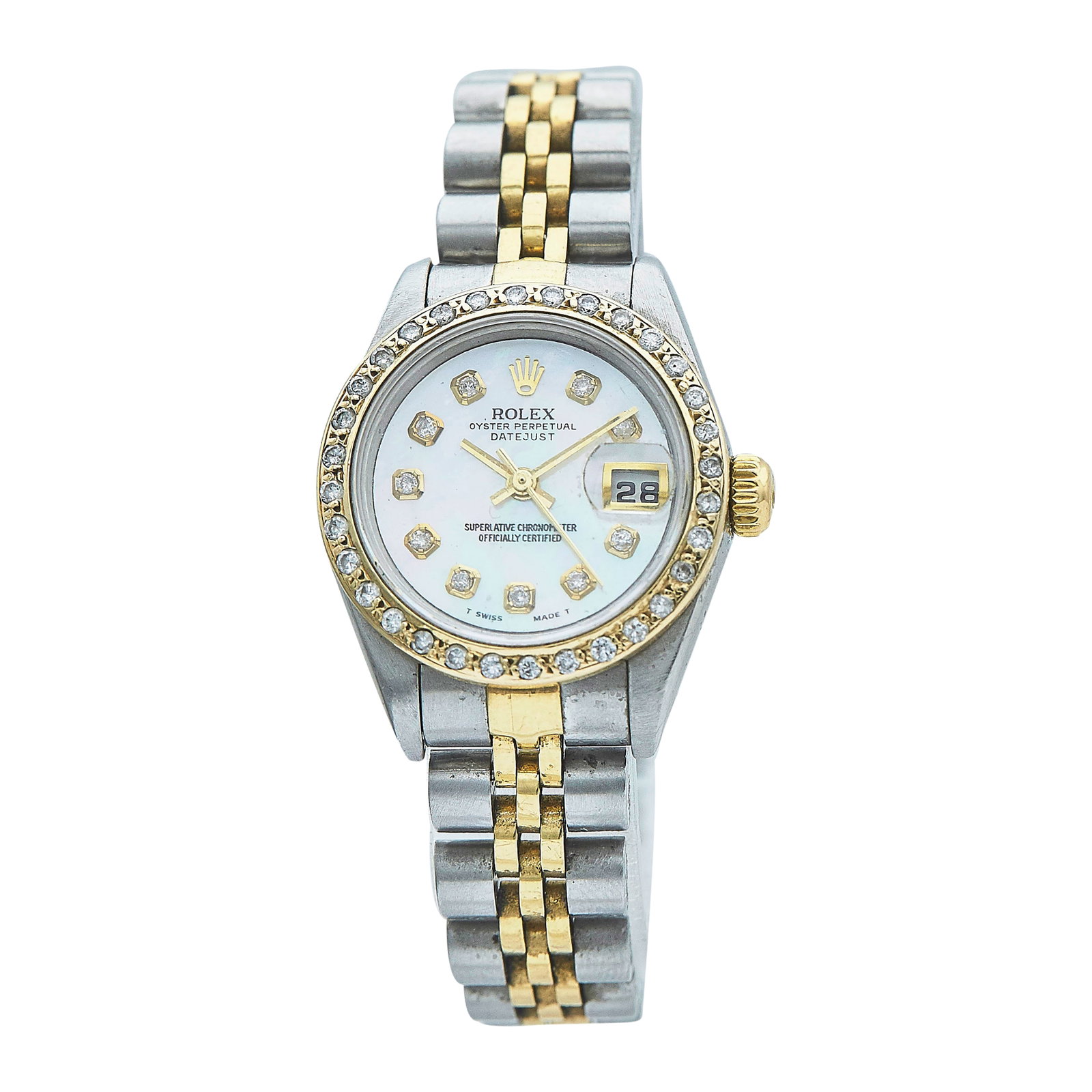 Rolex Datejust 18K Yellow Gold/SS Diamond Watch Ref. 79173, circa 2000: BRAND: Rolex; STYLE: Datejust; REF. #: 79173; CONDITION: Pre-owned, Good; YEAR: Circa 2000; ADDITIONAL COMMENTS: P serial, Scratches throughout watch, Scratches throughout crystal, Bracelet with mediu