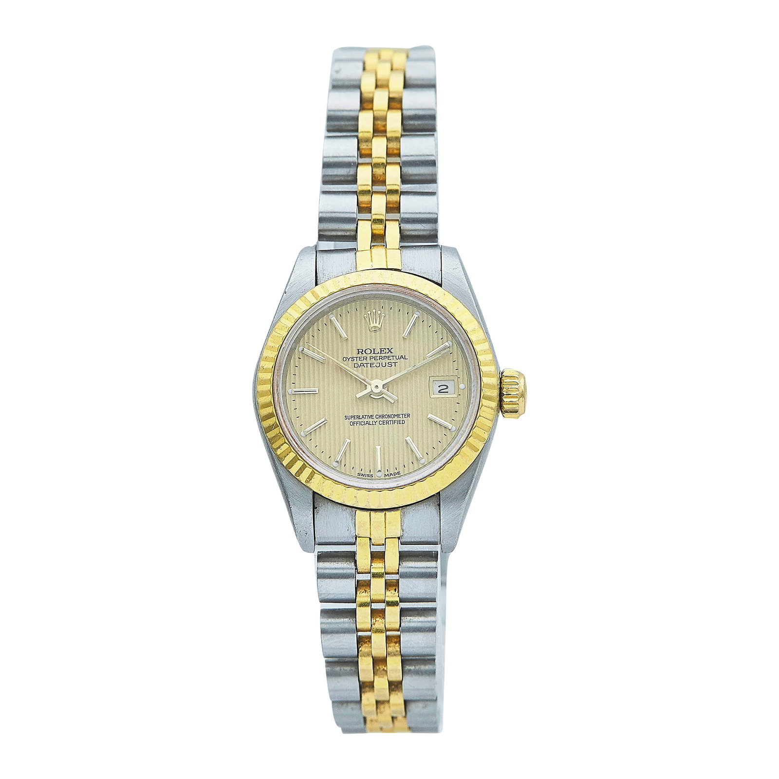 Rolex Datejust 18K Yellow Gold/SS Watch Ref. 69173, circa 1986: BRAND: Rolex; STYLE: Datejust; REF. #: 69173; CONDITION: Pre-owned, Good; YEAR: Circa 1986; ADDITIONAL COMMENTS: 8.9 mil serial, Scratches throughout watch, Chips around edge of crystal, Resistance wh