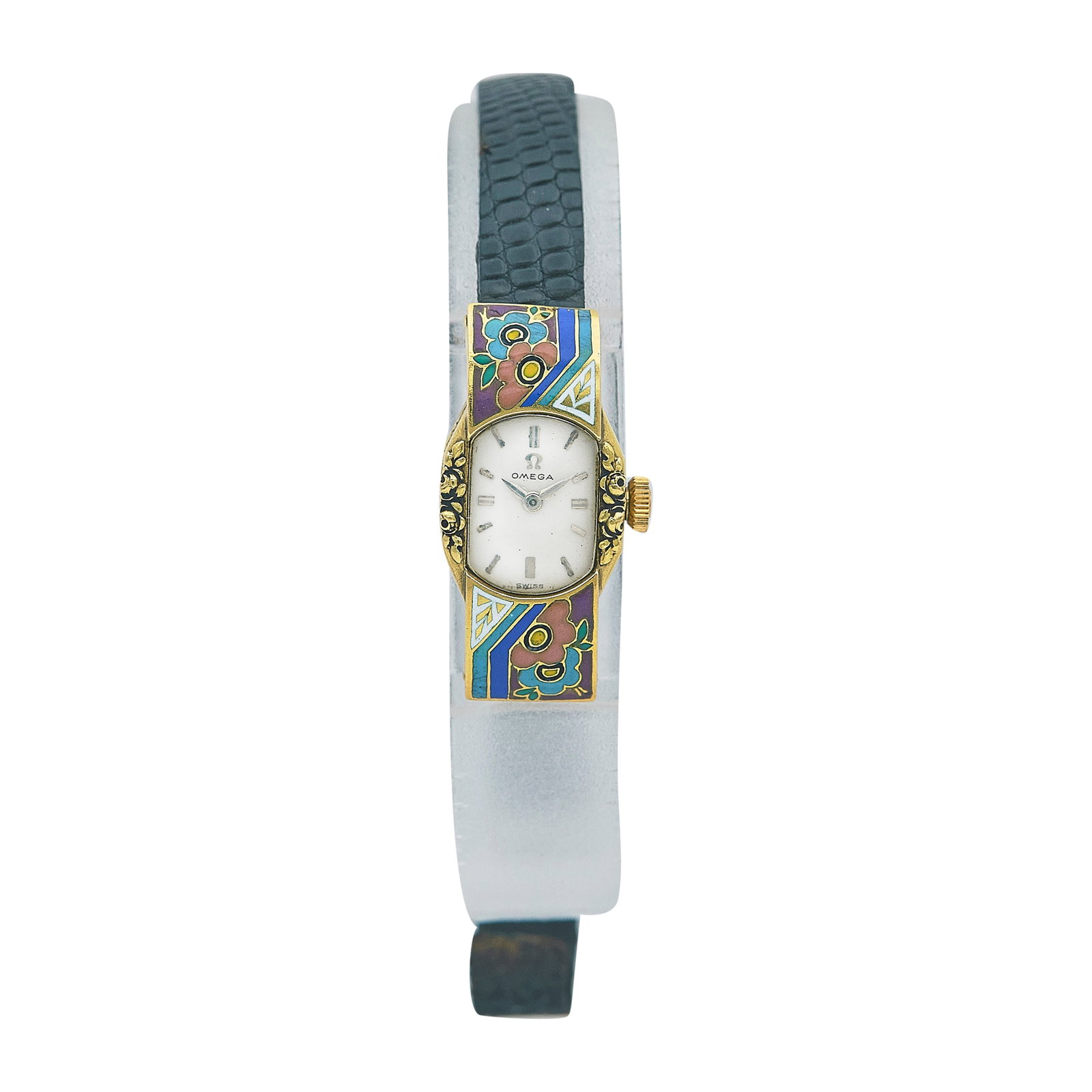 18K Yellow Gold and Enamel Ladies Watch Ref. Unknown, circa 1925: REF. #: Unknown; CONDITION: Pre-owned, Good; YEAR: Circa 1925; ADDITIONAL COMMENTS: Scratches throughout watch with some loss to enamel, Scratches throughout acrylic crystal, Dial is not original, Str