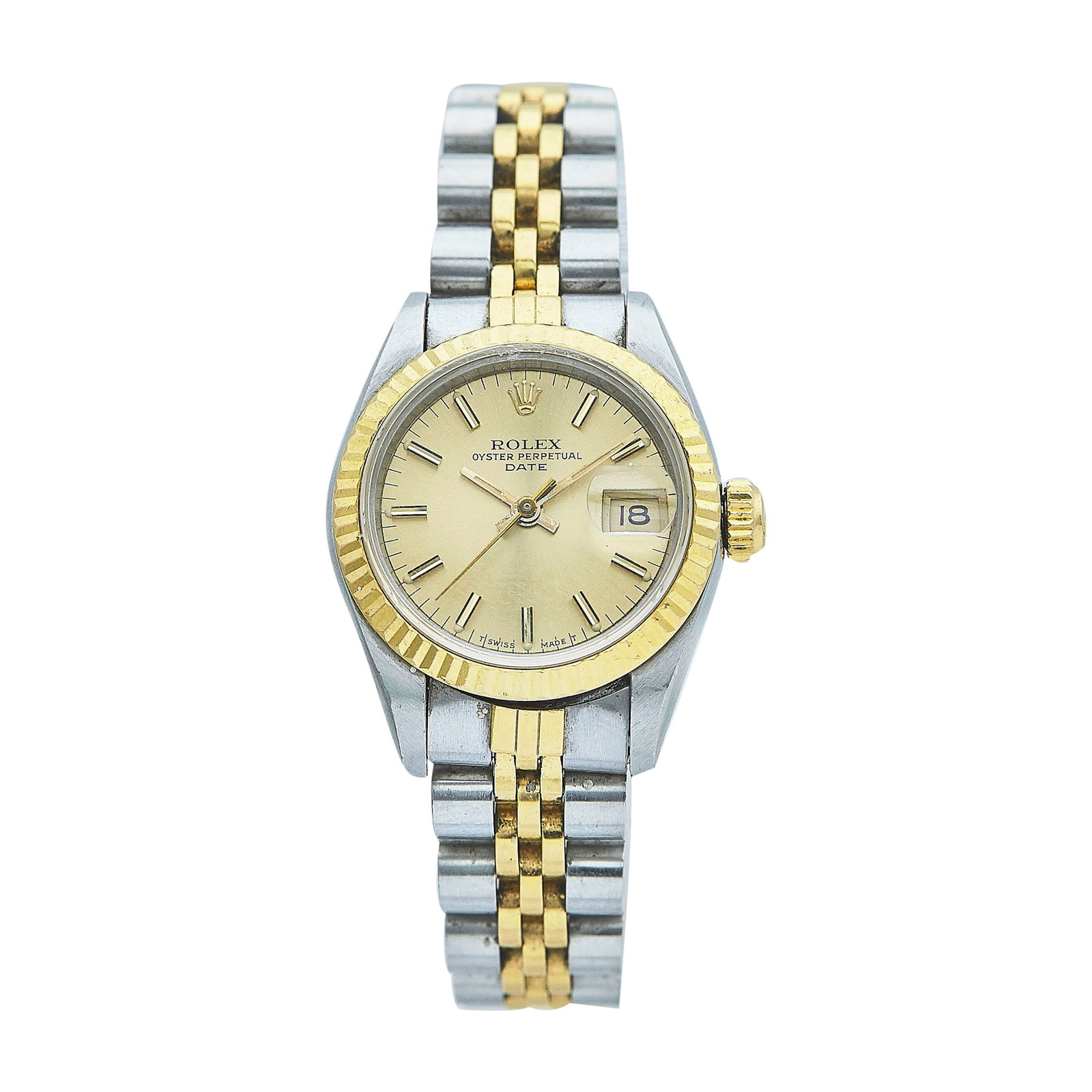 Rolex Datejust 18K Yellow Gold/SS Watch Ref. 69173, circa 1984: BRAND: Rolex; STYLE: Datejust; REF. #: 69173; CONDITION: Pre-owned, Good; YEAR: Circa 1984; ADDITIONAL COMMENTS: 8.8 mil serial, Scratches throughout watch, Crystal with abraded and chipped edges, Bra