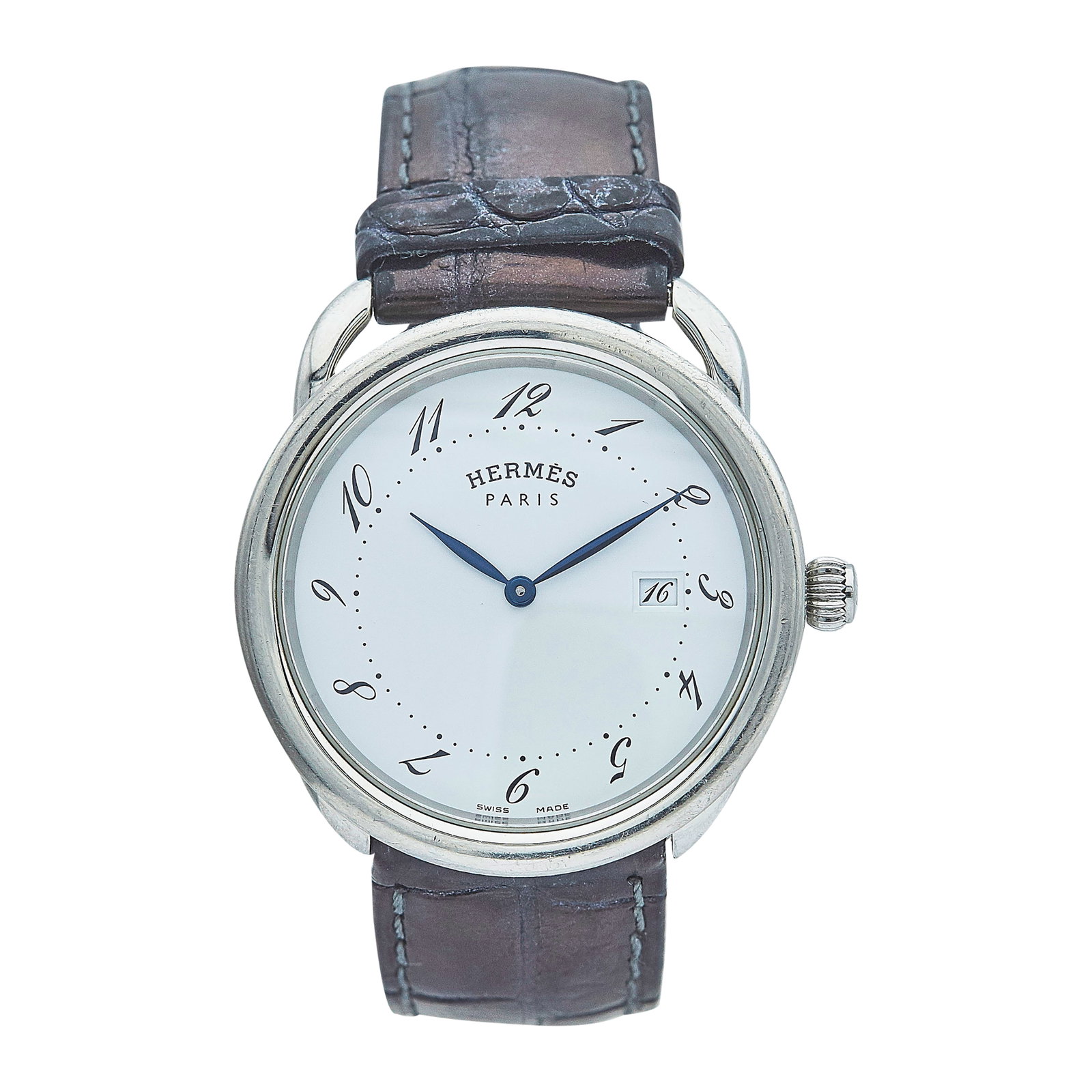 Hermès Arceau Stainless Steel Watch Ref. AR5.710a, circa 2015: BRAND: Hermès; STYLE: Arceau; REF. #: AR5.710a; CONDITION: Pre-owned, Good; YEAR: Circa 2015; ADDITIONAL COMMENTS: Scratches throughout watch, Wear to leather strap; CASE SIZE (mm): 38; CASE MATERIAL