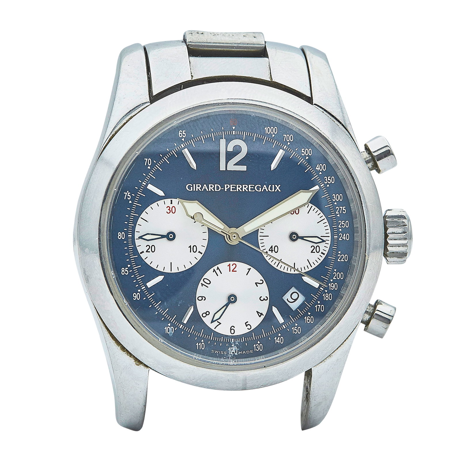 Girard Perregaux Watch, Ref. 4956, circa 2005: BRAND: Girard Perregaux; REF. #: 4956; CONDITION: Pre-owned, Fair; YEAR: Circa 2005; ADDITIONAL COMMENTS: Scratches throughout watch, Scratch across center of crystal, bracelet is unconnected: repair 