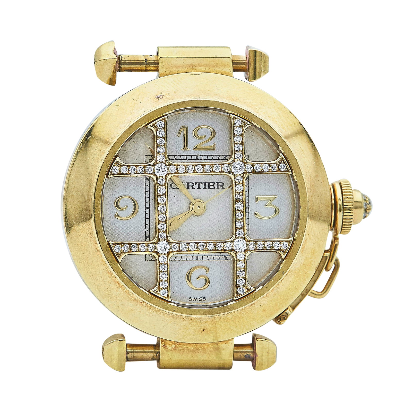 Cartier Pasha 18K Yellow Gold Watch Head & Buckles Ref. WJ101356, circa 2000: BRAND: Cartier; STYLE: Pasha; REF. #: WJ101356; CONDITION: Pre-owned, Very Good; YEAR: Circa 2000; ADDITIONAL COMMENTS: Scratches throughout watch, Does not come with strap; CASE SIZE (mm): 32; CASE M