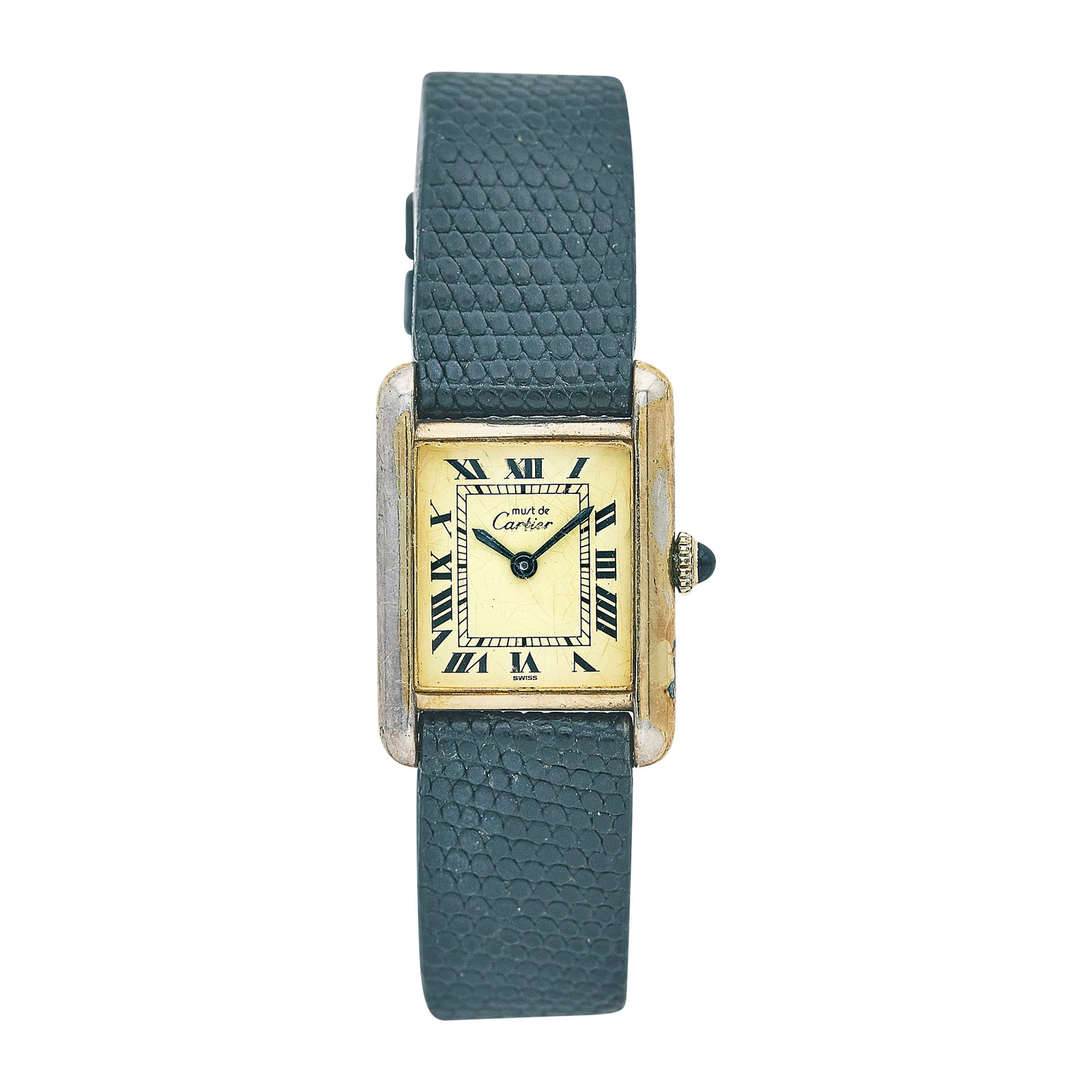 Cartier Must De Cartier 18K Yellow Gold Plated Sterling Silver Watch Ref. 59005, circa 1990: BRAND: Cartier; STYLE: Must de Cartier; REF. #: 59005; CONDITION: Pre-owned, Fair; YEAR: Circa 1990; ADDITIONAL COMMENTS: Scratches throughout watch, Scratches throughout crystal; CASE SIZE (mm): 28 x