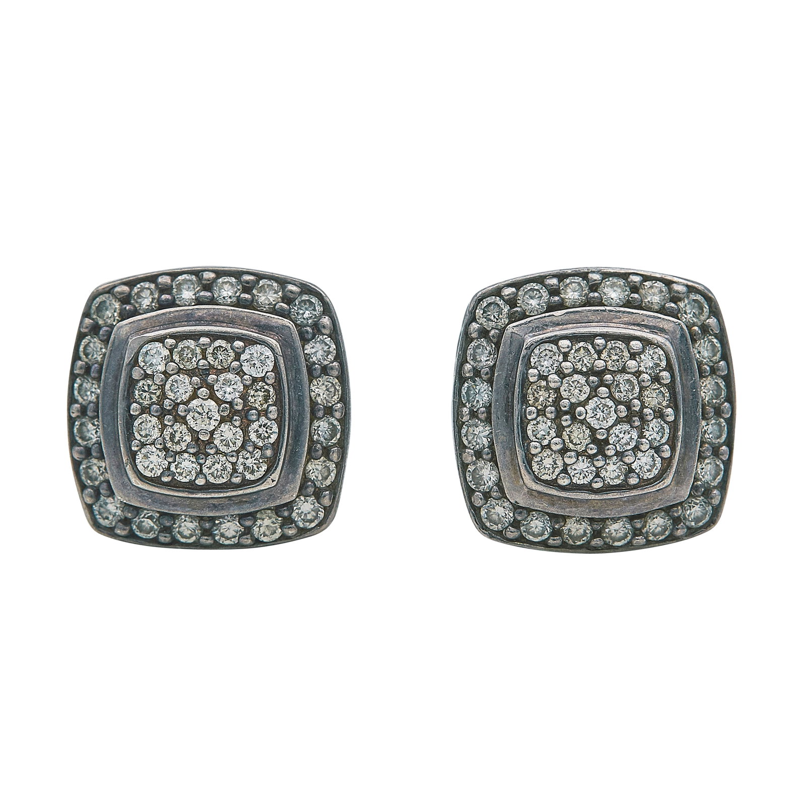 David Yurman Sterling Silver and Diamond Stud Earrings: BRAND: David Yurman; METAL: Sterling Silver; APPROXIMATE TOTAL DIAMOND WEIGHT: 0.92 ctw; STAMPED: © D.Y. 925; CONDITION: Pre-owned, Very Good; ITEM WEIGHT (GRAMS): 6.5 g; MEASUREMENTS: Earrings 6/16 