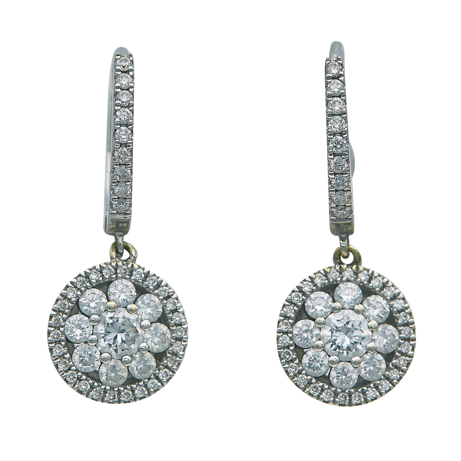 Roberto Coin 18K White Gold and Diamond Drop Earrings: BRAND: Roberto Coin; METAL: 18K White Gold; APPROXIMATE TOTAL DIAMOND WEIGHT: 1.25 ctw; STAMPED: 750, RC; CONDITION: Pre-owned, Very Good; ITEM WEIGHT (GRAMS): 4 g; MEASUREMENTS: Earrings 1 inch long;